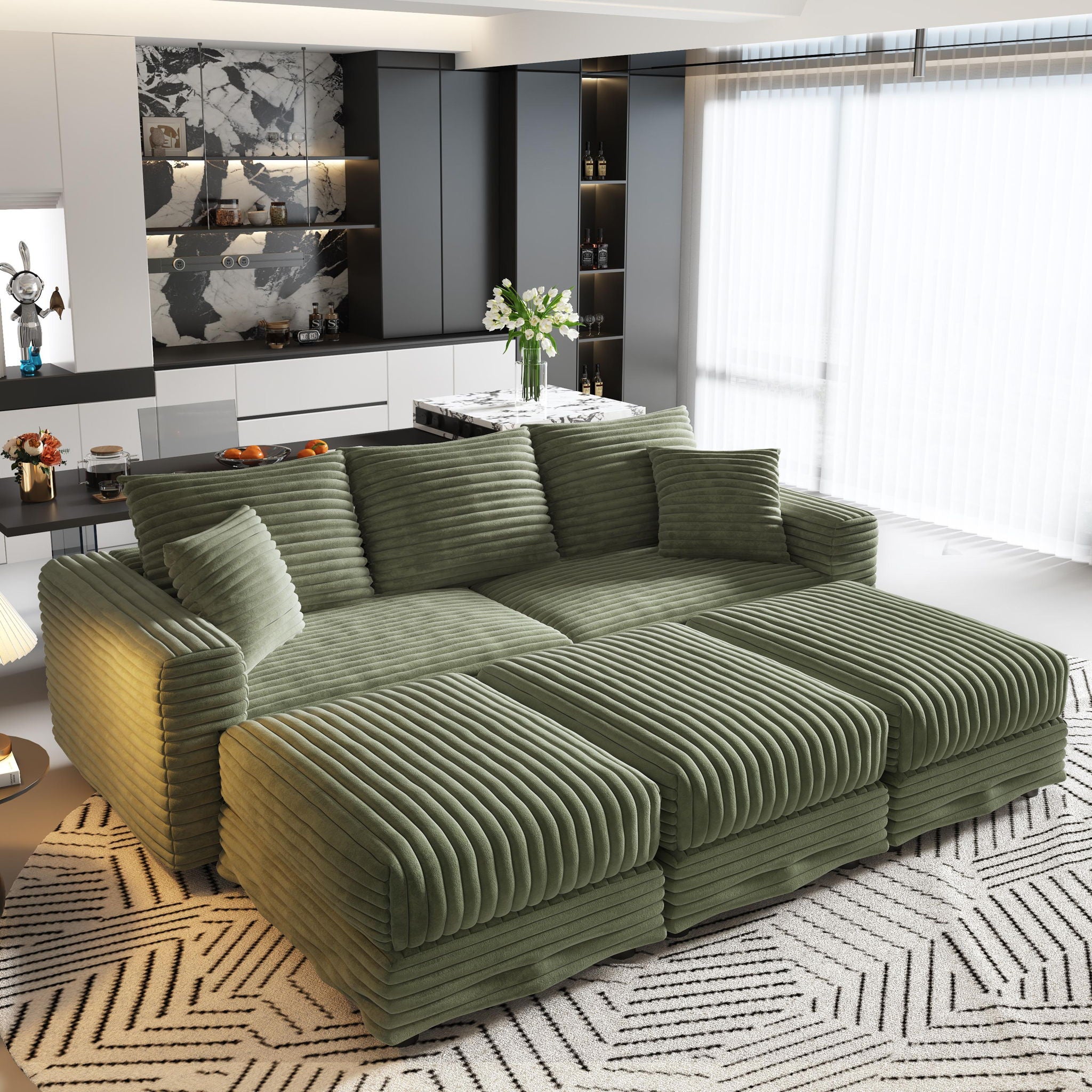 Convertible Deep Seat Sofa With Soft Pillows And Ottomans