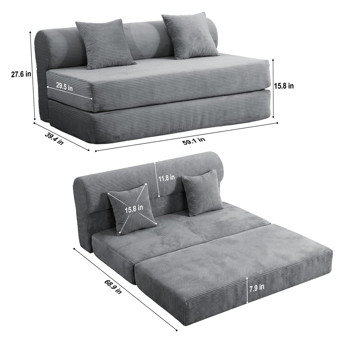 Convertible Sofa Bed, 2 Seater Fold Out Floor Couch