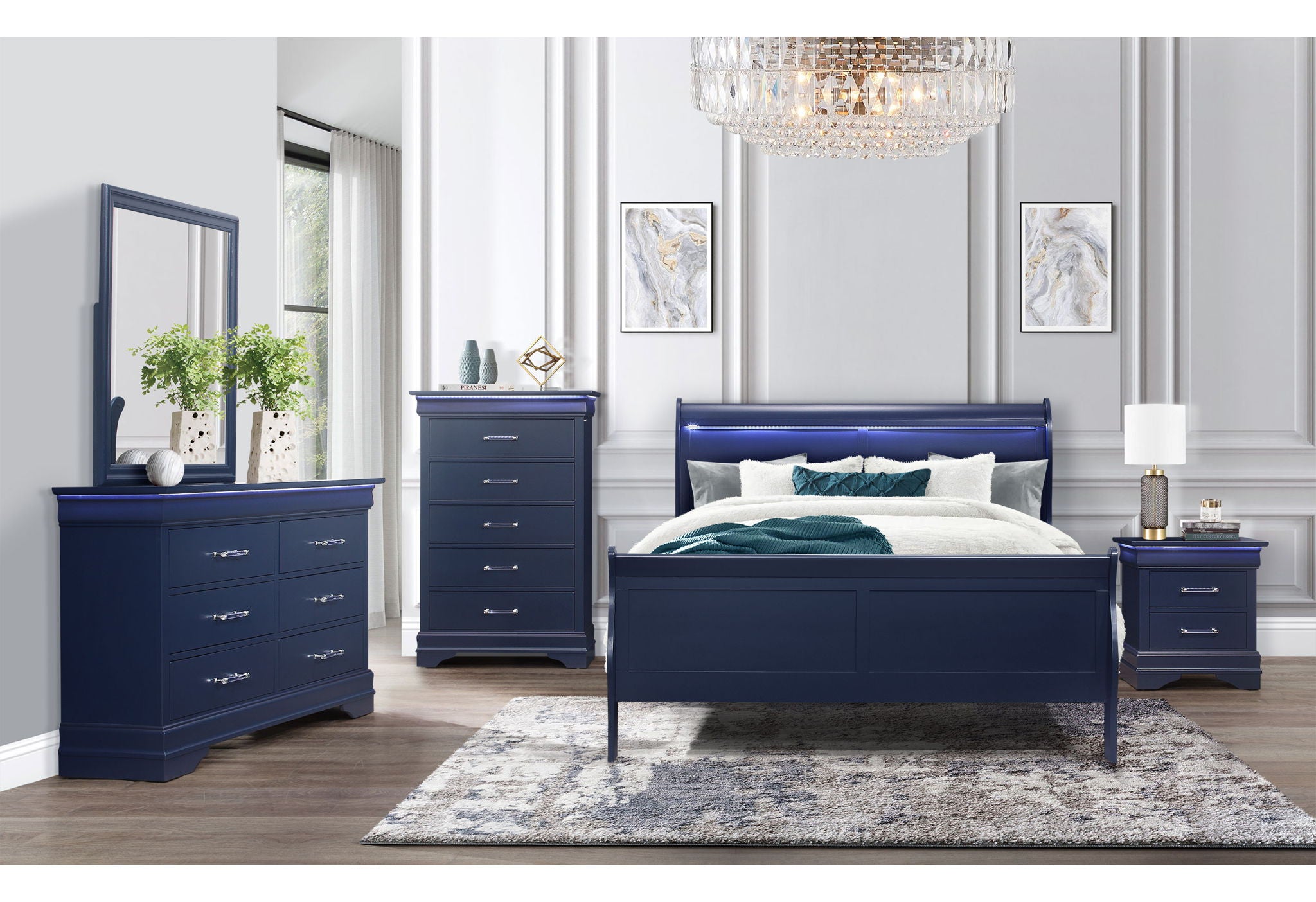 Charlie - 5 Piece Queen Bedroom Set (Bed, Dresser, Mirror, 2 Nightstands) - Blue