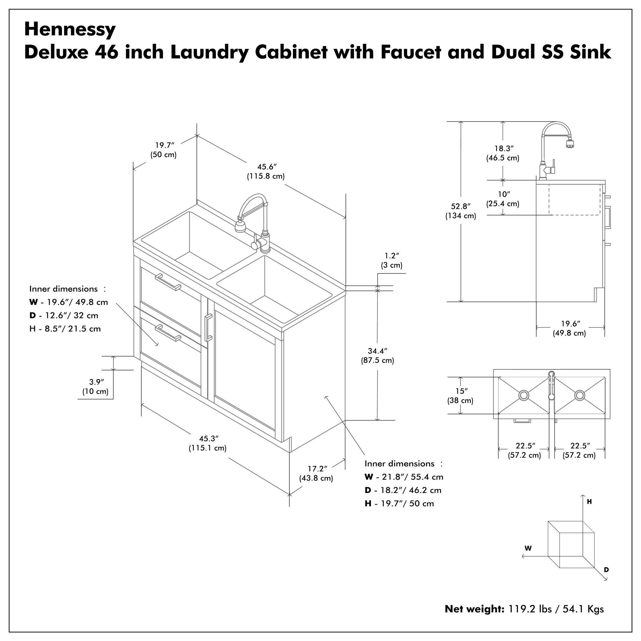 Hennessy - Laundry Utility Sink And Cabinet With Dual Sink And Pull Out Faucet - White
