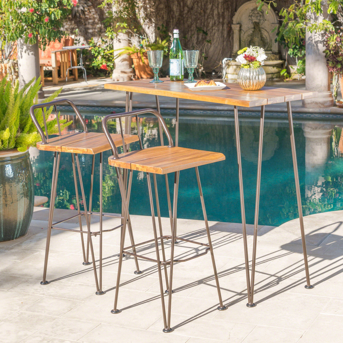 Dione Outdoor Industrial Acacia Wood Bar Set With Metal Frame And Slat Paneling - Brown