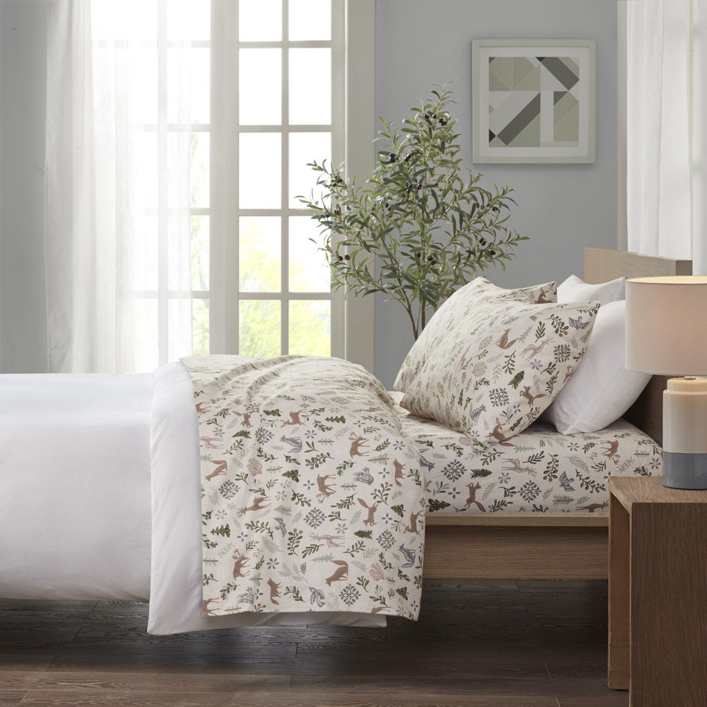 Cozy Flannel - 3 Piece Twin Long Printed Sheet Set - Tan land Winter