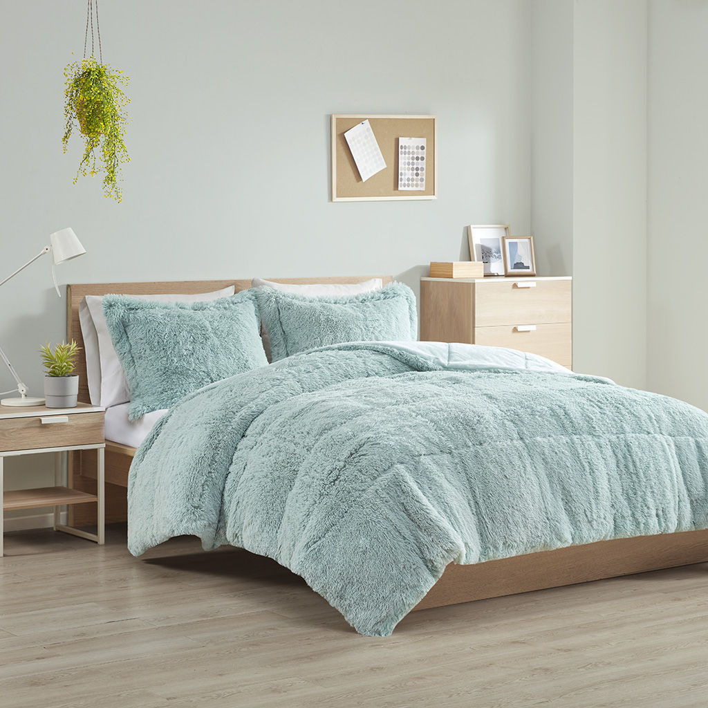 Malea - Shaggy Long Comforter Mini Set - Aqua