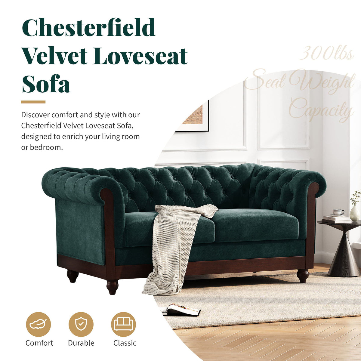 Chesterfield Loveseat Sofa, 2 Person Rolled Arm Upholstered Couch