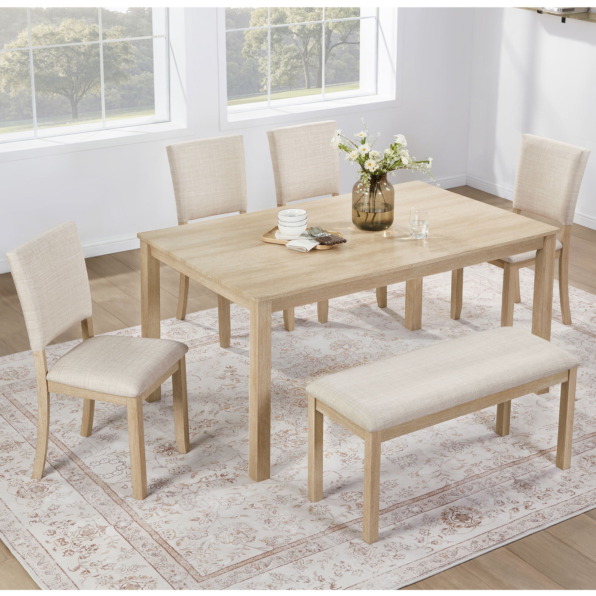 6 Piece Dining Table Set With Bench - Beige / Light Oak