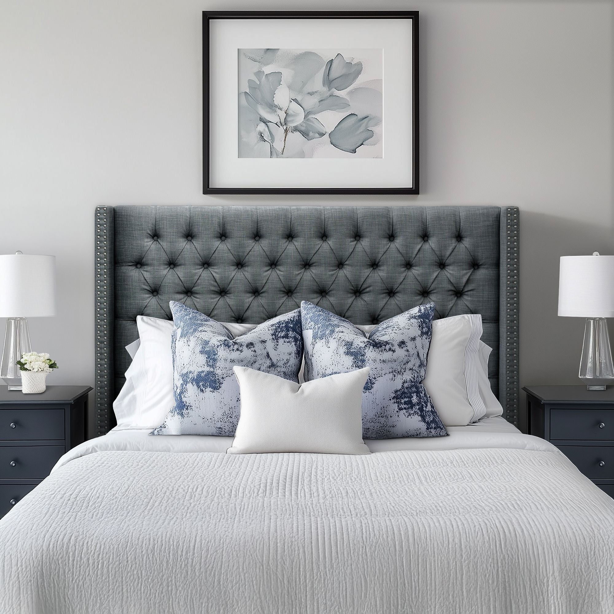 Amelia - Upholstered Wingback Headboard With Button Tufting & Nailhead Trim Woven - Dark Gray