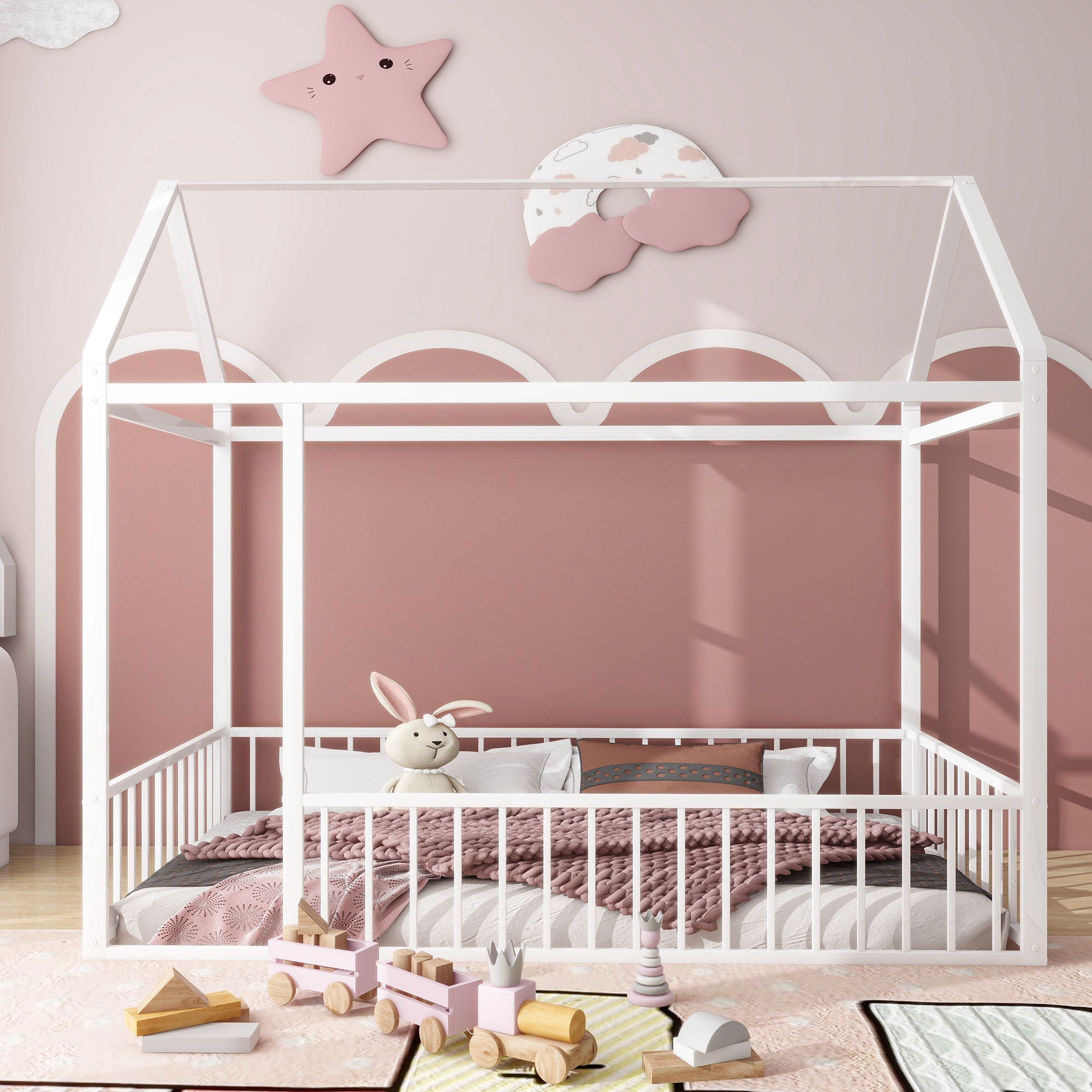 Metal Bed House Bed Frame With Fence