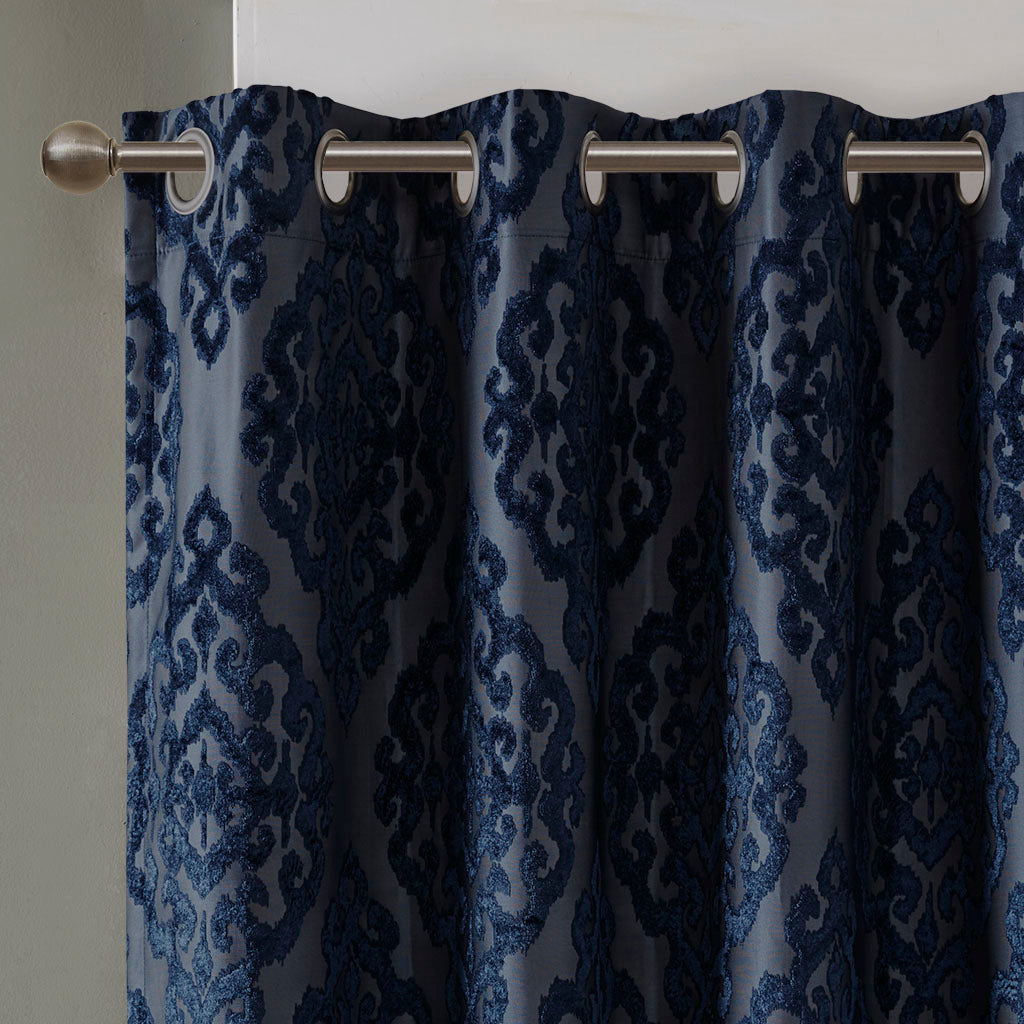 Knitted Jacquard Damask Total Blackout Grommet Top Curtain Panel