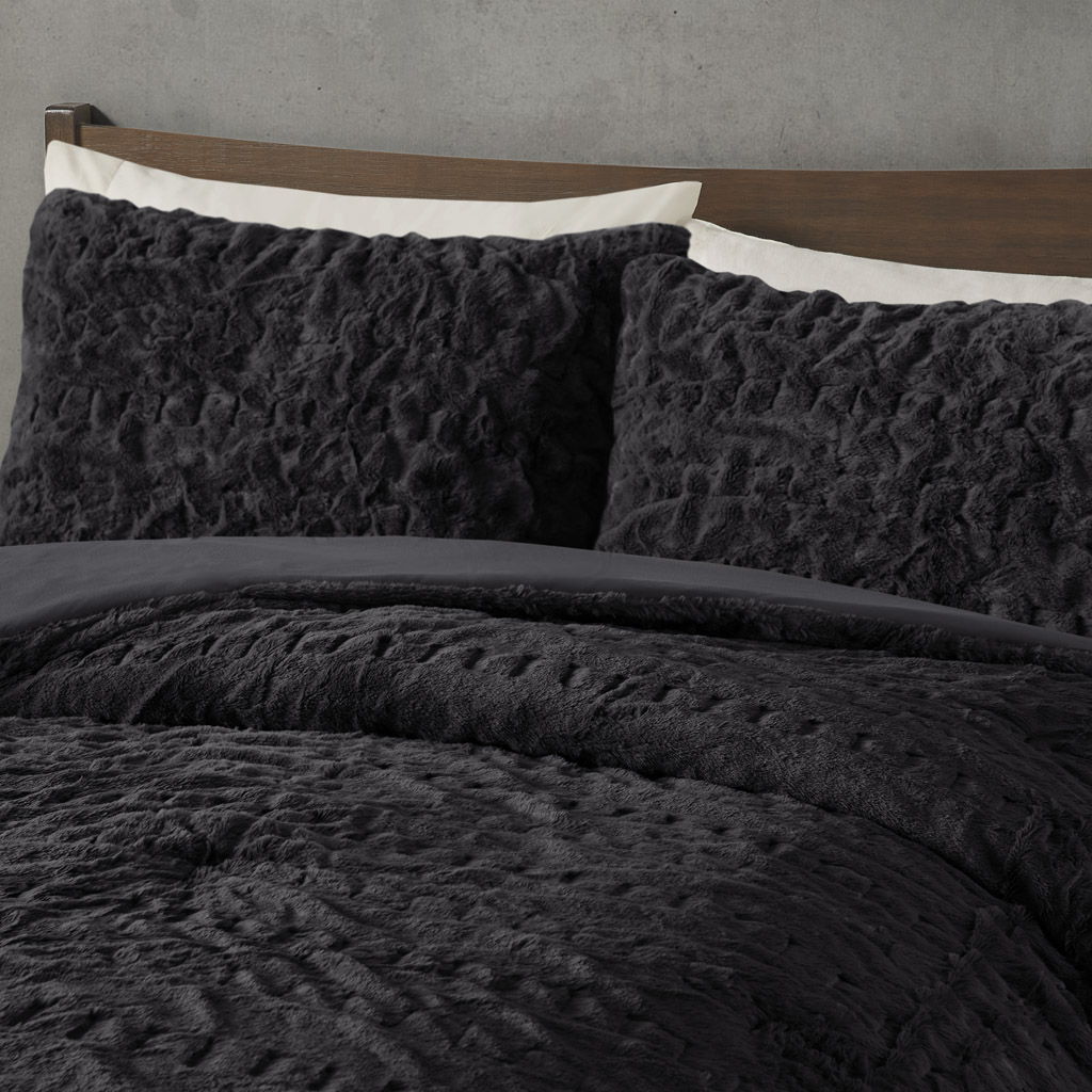 Blair - Ruched Fur Down Alternative King Comforter Set - Black