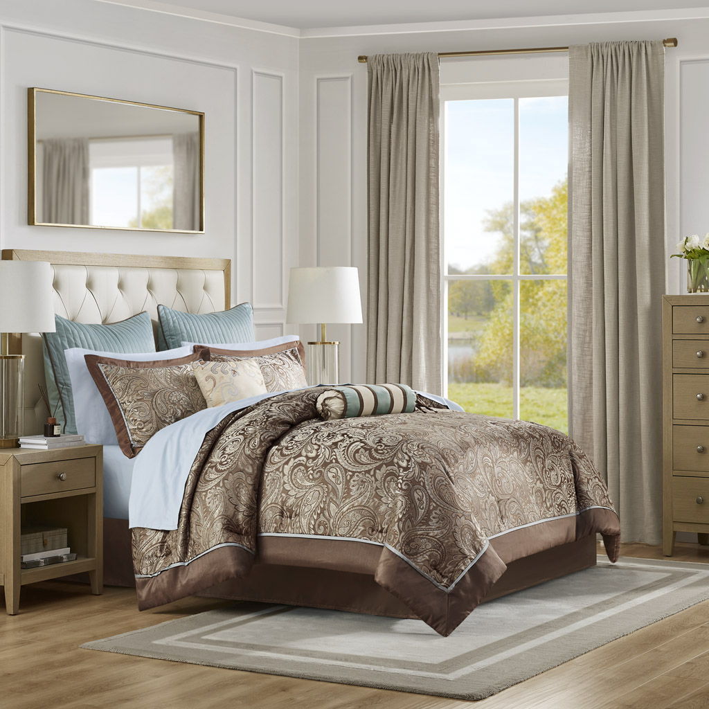 Aubrey - 12 Piece Complete Bed Set - Blue / Brown