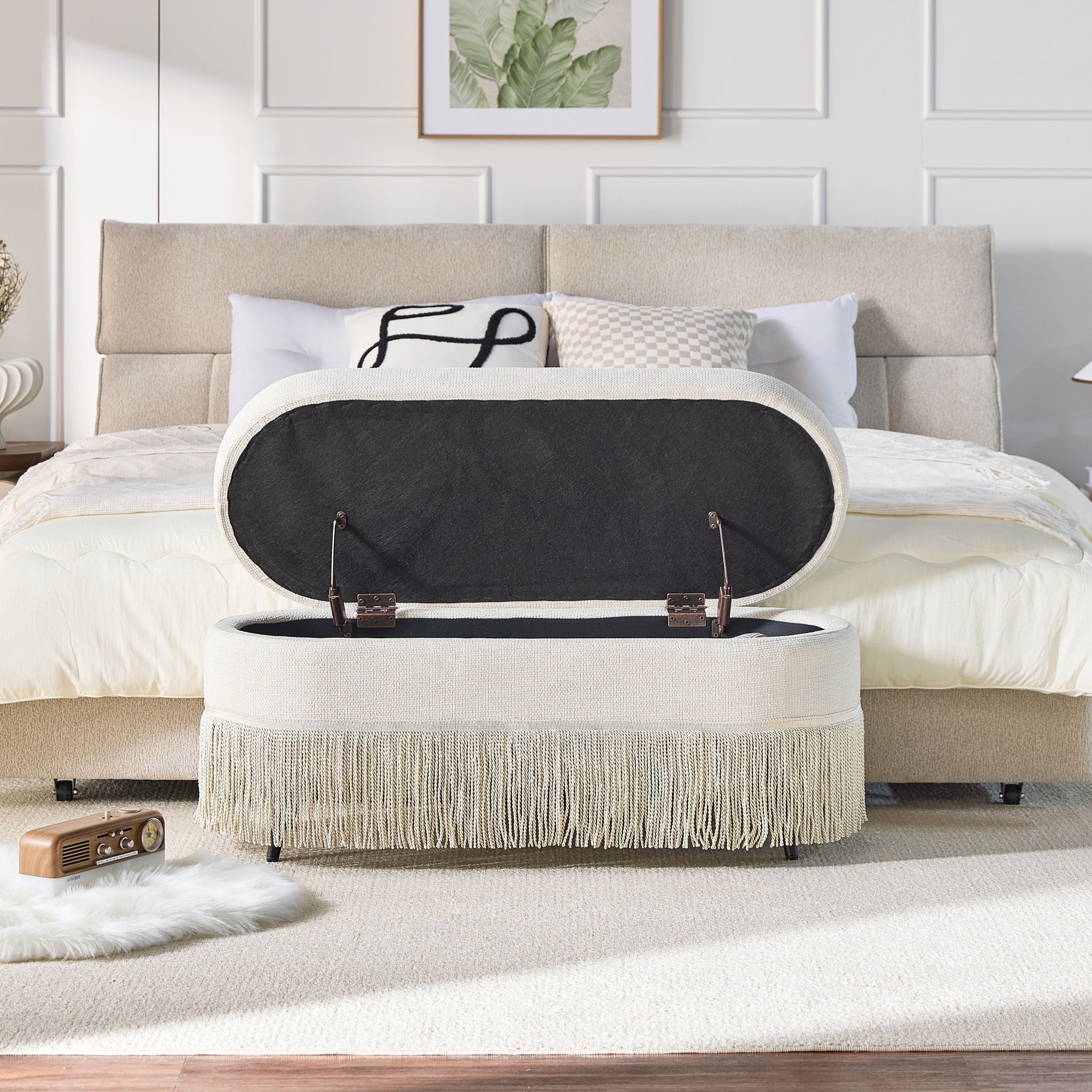 Oval Upholstered Storage Ottoman With Fringe Trim & Lift Top Lid