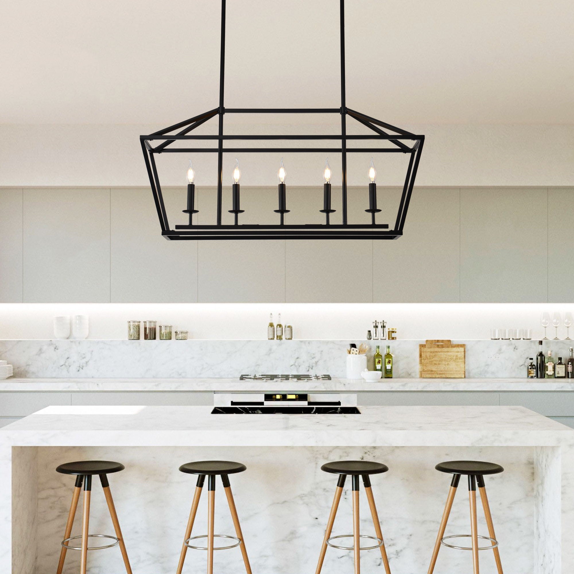 5 Light Farmhouse Kitchen Island Lighting, 5 Light Industrial Linear Chandelier For Dining Room Metal Hanging Pendant Light Fixture For Bedroom Living Room Hallway Conference Room - Matte Black