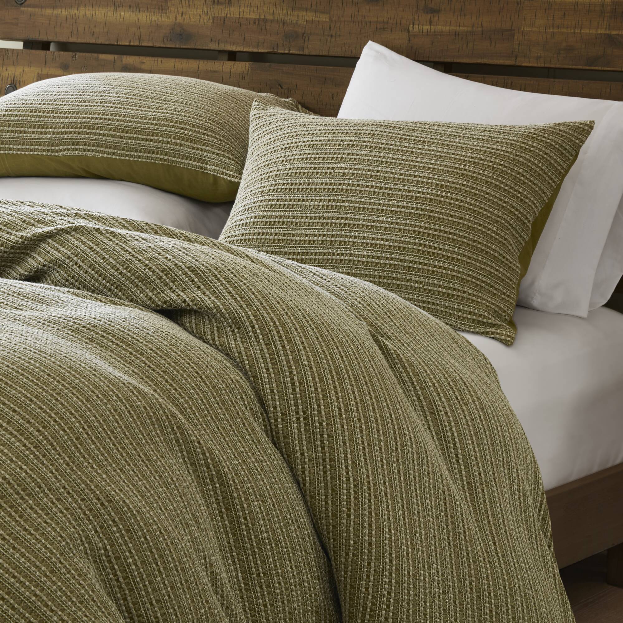 Lyon - 3 Piece Full/Queen Waffle Washed Duvet Set - Green