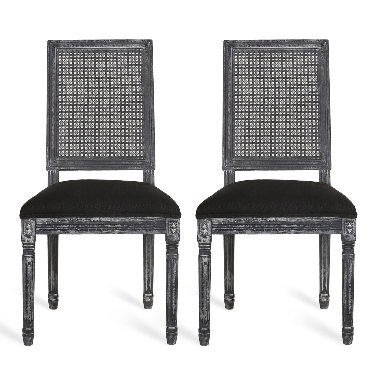 French Country Dining Chair With Rectangular Cane Backrest And Smooth Upholstered Seating