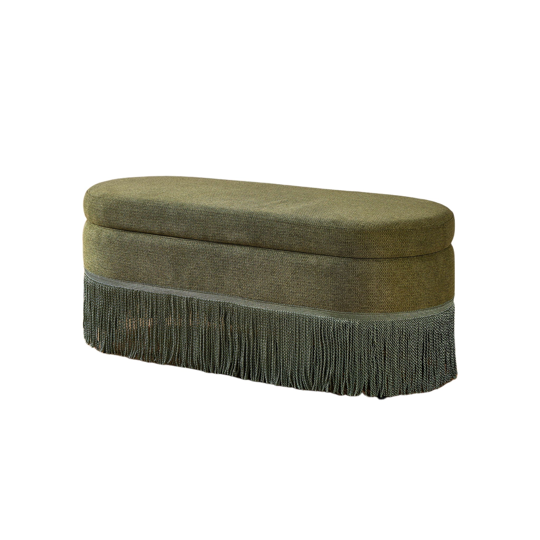 Oval Upholstered Storage Ottoman With Fringe Trim & Lift Top Lid