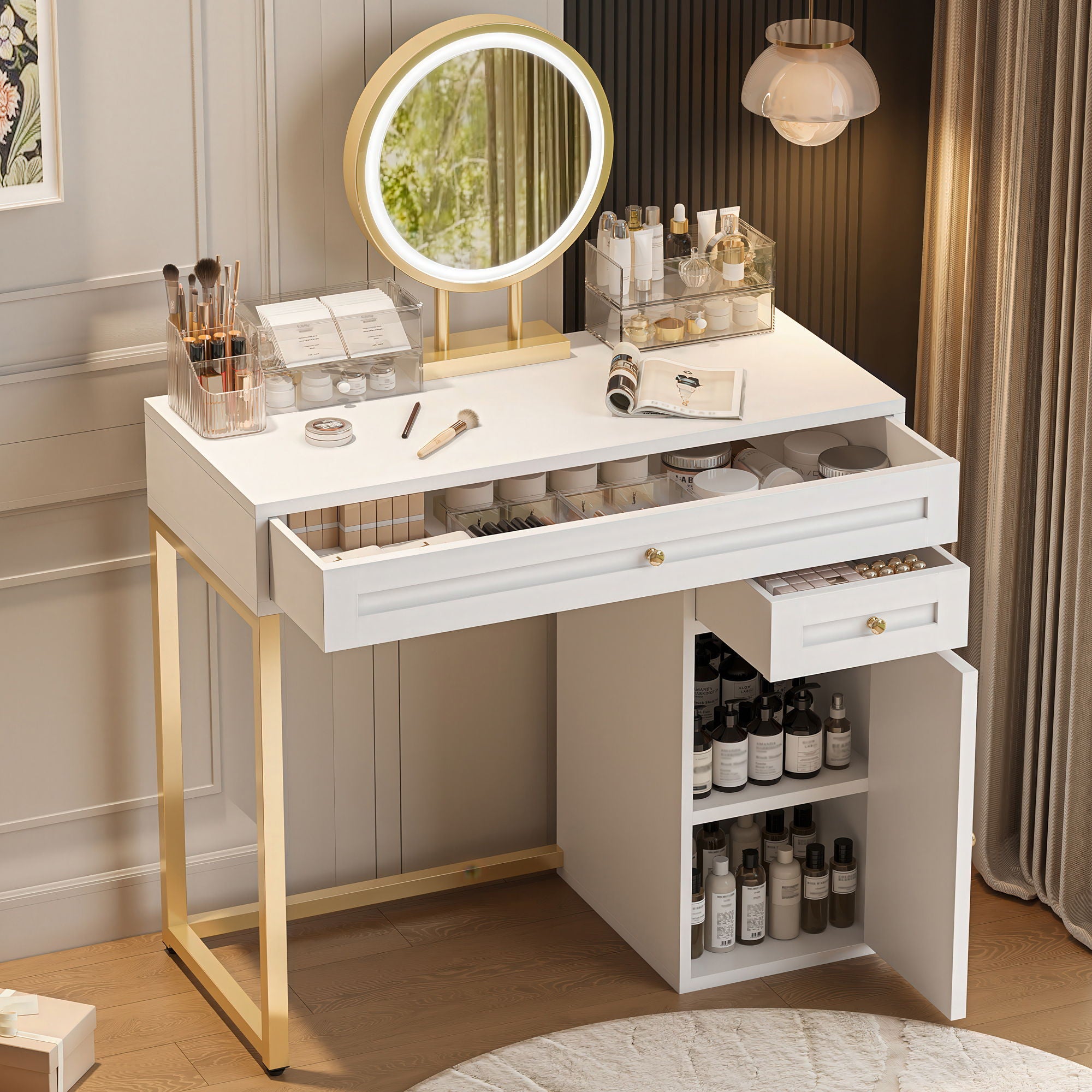 Makeup Vanity Desk With Lighted Mirror, Luxury Dressing Table With 2 Drawers And 1 Cabinet, 3 Lighting Modes Available For Bedroom - White / Gold