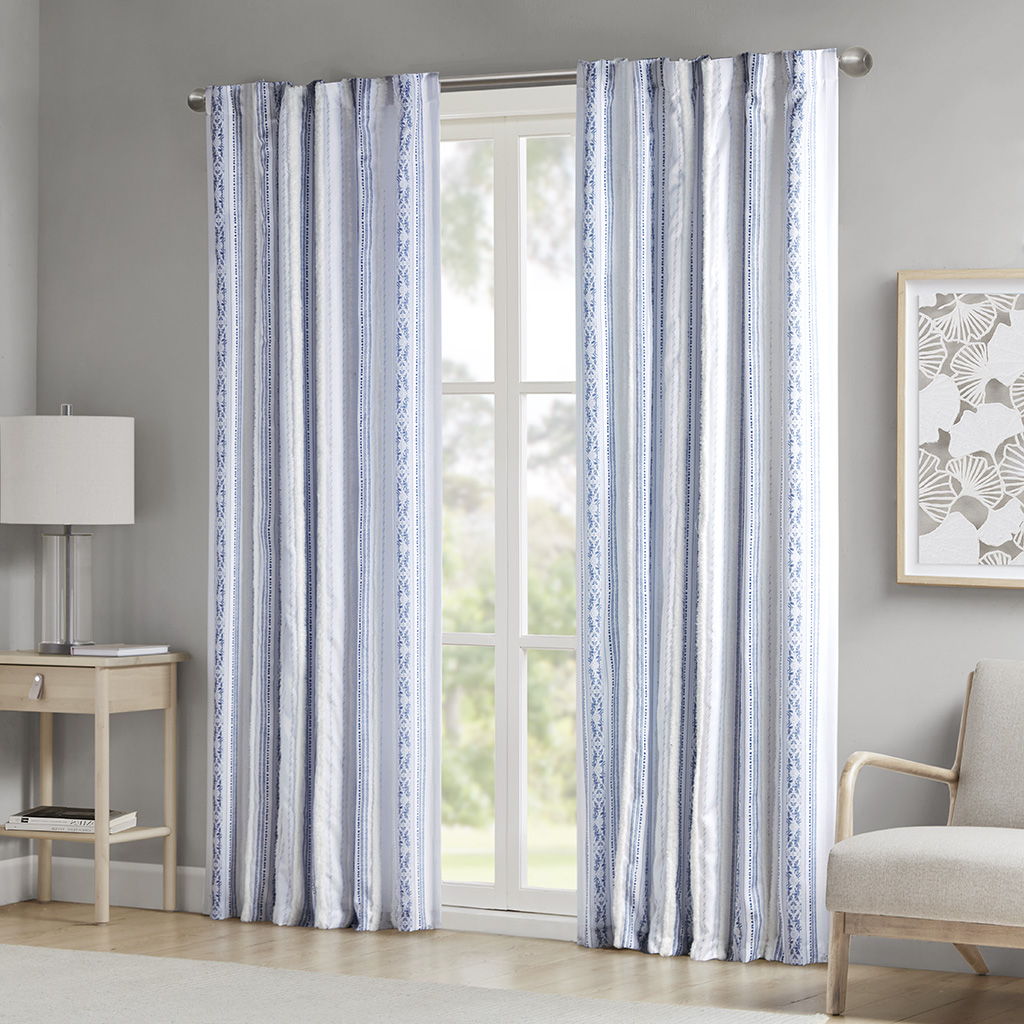 Veronica - 50x84" Poly Printed Curtain Panel With Tufted Stripe And Lining - White / Navy