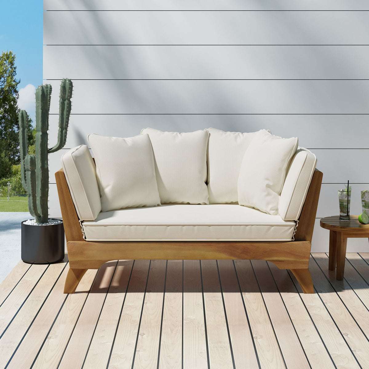 Outdoor Acacia Wood Expandable Daybed With Cushions