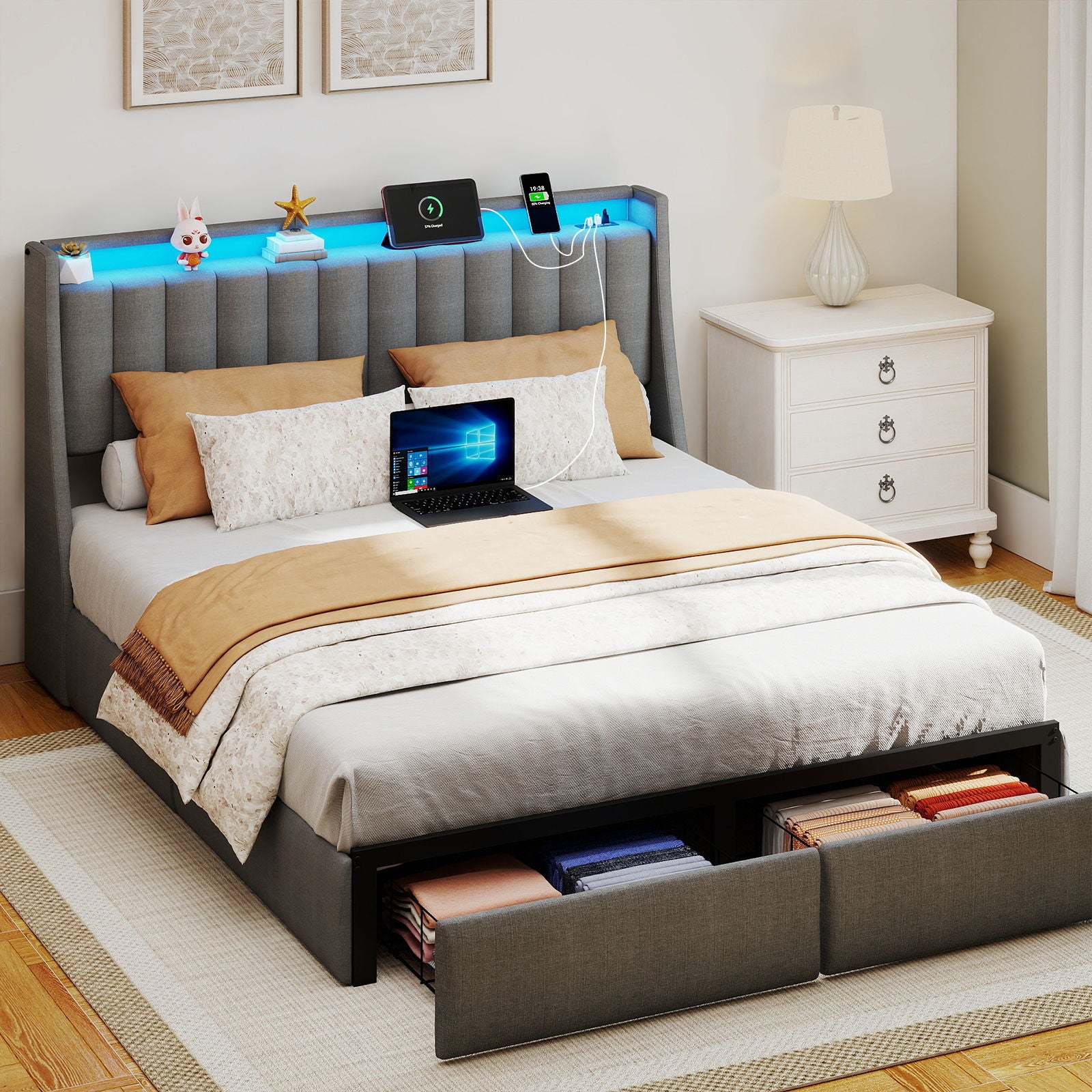 Upholstered Platform Bed Frame With RGB LED Lights, Charging Station & 2 Underbed Drawers