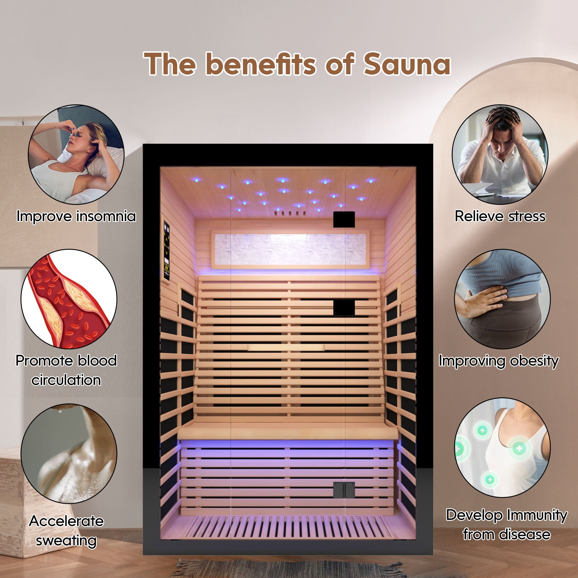Luxury Double Far Infrared Sauna Room With Epoxy Heating Plates And Starry Sky Lighting - Black / Natural