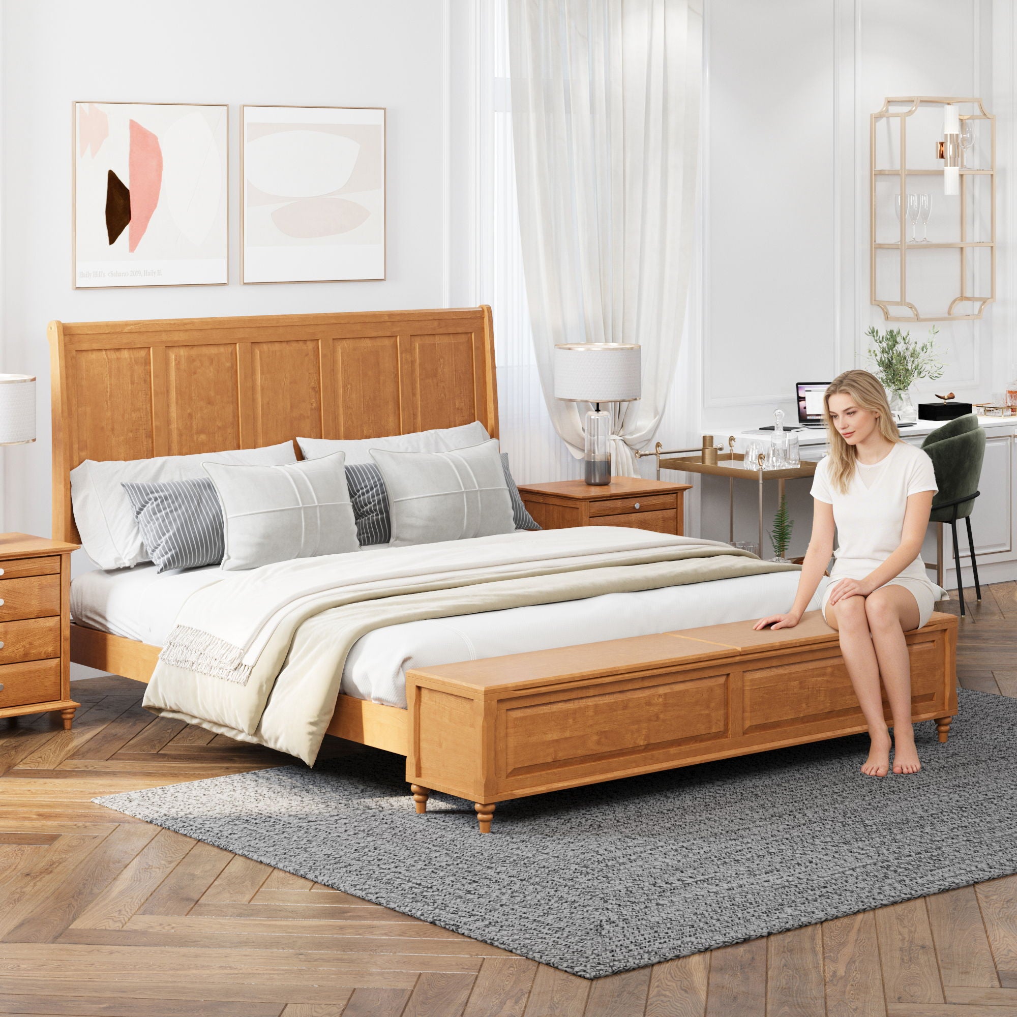 Sleigh Bed Frame With Tall Headboard And Storage Bench