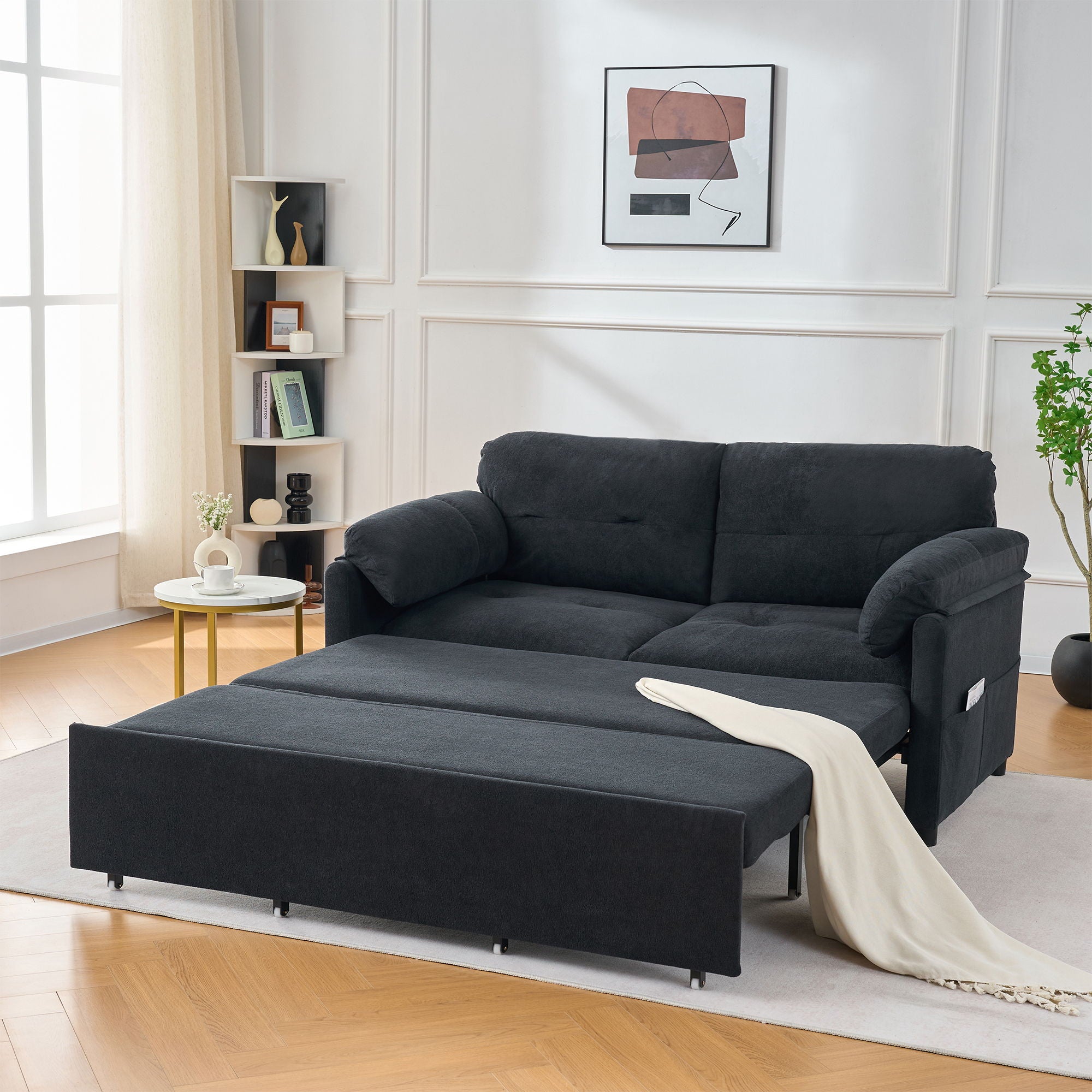 Convertible Pull Out Sofa Bed Queen Size, 3 In 1 With Side Storage