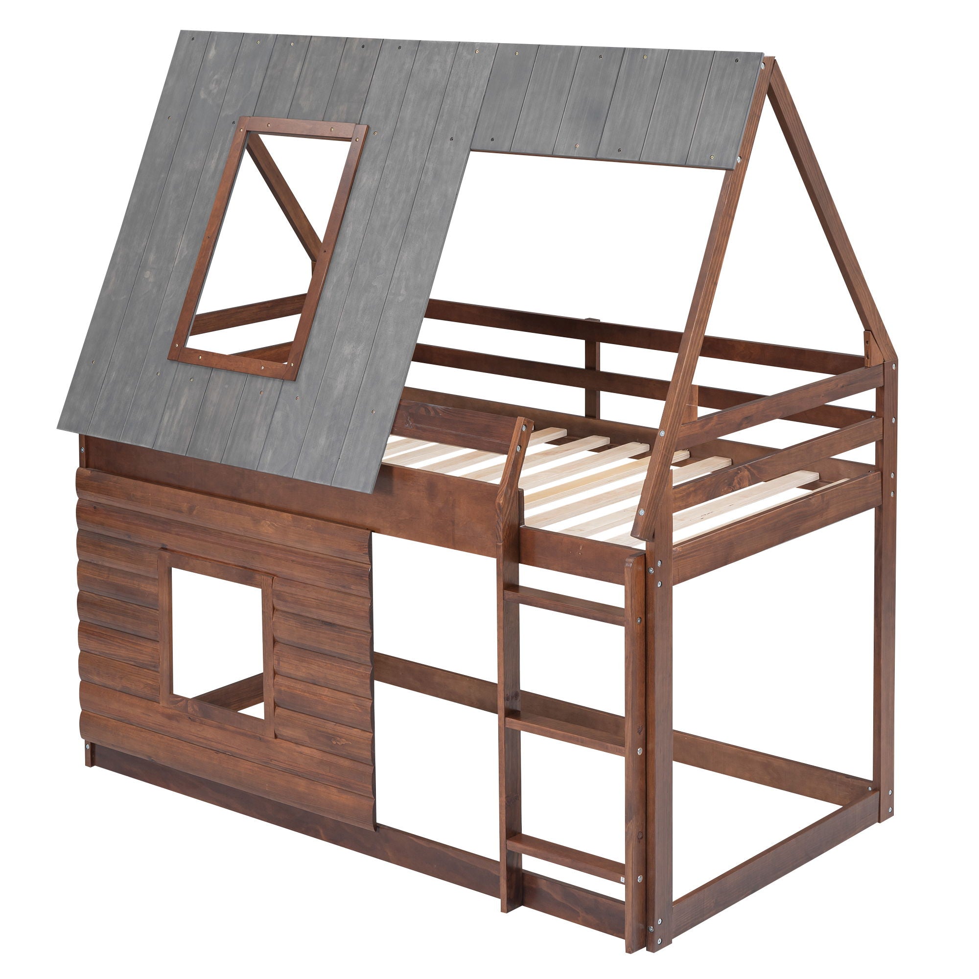 Twin Size House Bunk Bed With Roof, Ladder And 2 Windows - Brown & Smoky Gray