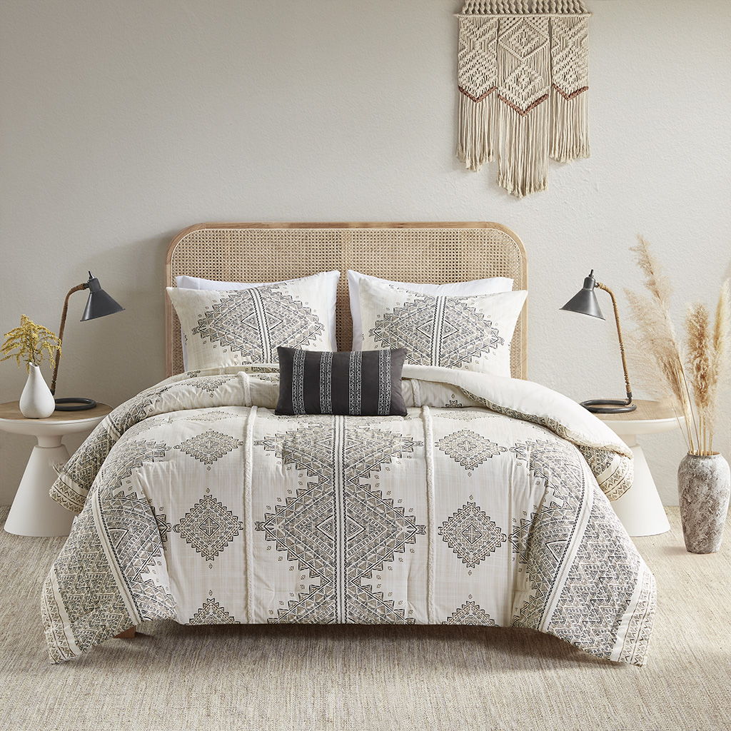 Ibiza - 4 Piece Printed Comforter Set With Throw Pillow - Black / Ivory
