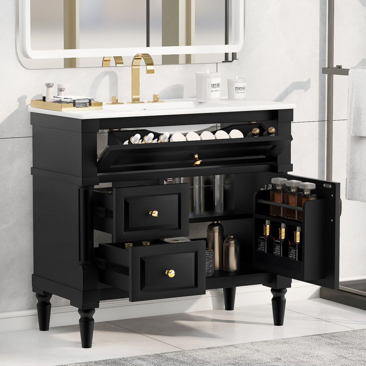 Freestanding Bathroom Vanity With Sink, Adjustable Shelf, Flip Drawer