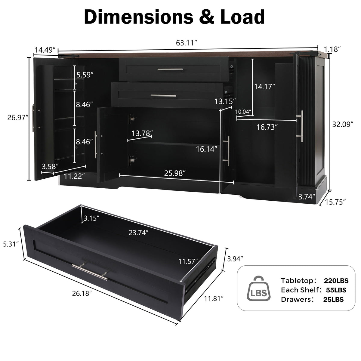 Barn Door Storage Cabinet With 2 Drawers & Door Rack, Adjustable Shelves - Black