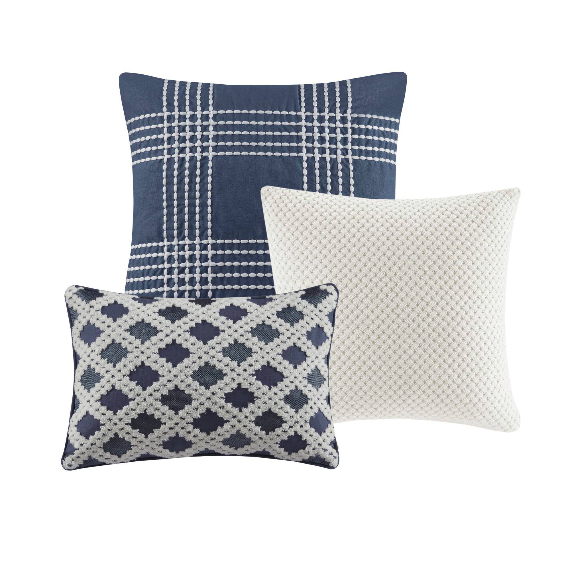 Essence - Oversized Cotton Clipped Jacquard Comforter Set With Euro Shams and Throw Pillows - Blue
