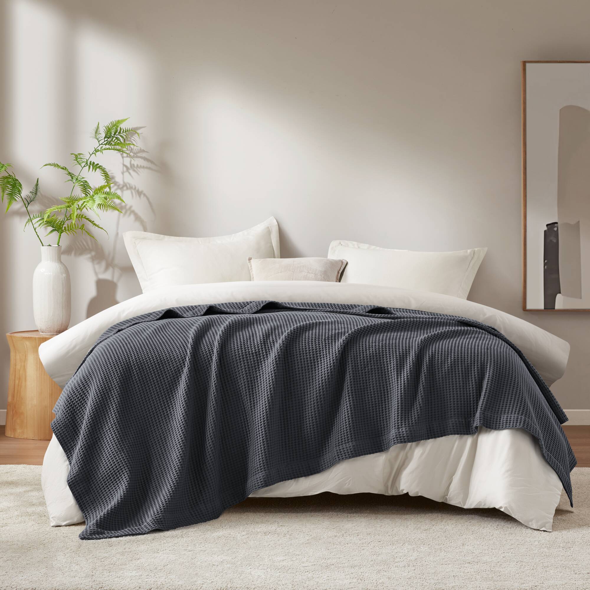 Waffle Weave - King Cotton Blanket - Dark Gray