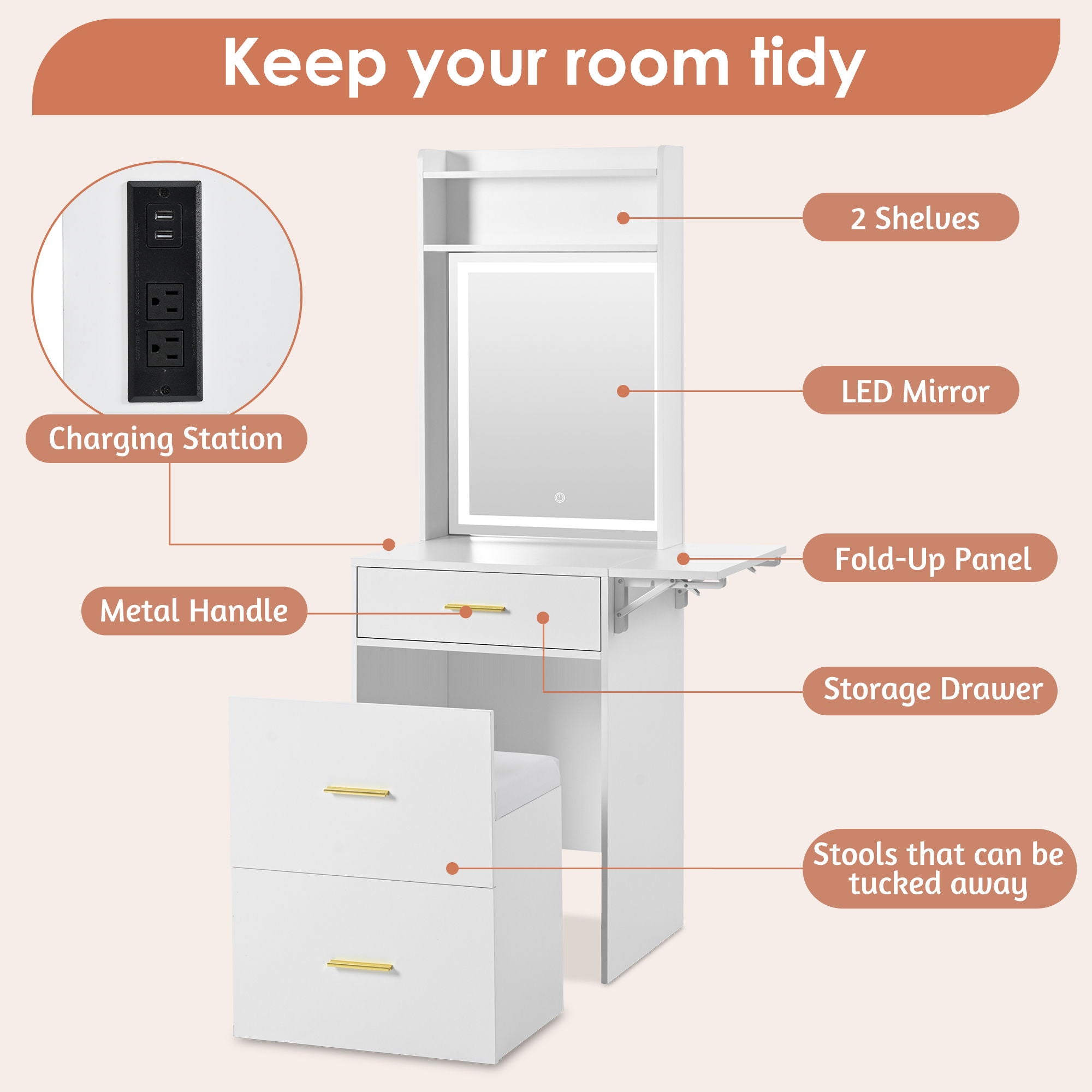 Small Vanity Desk With Mirror And Light, Dressing Table With Charging Station & Fold Up Panel For Small Space, Compact Makeup Vanity Set With Hidden Stool For Bedroom - White