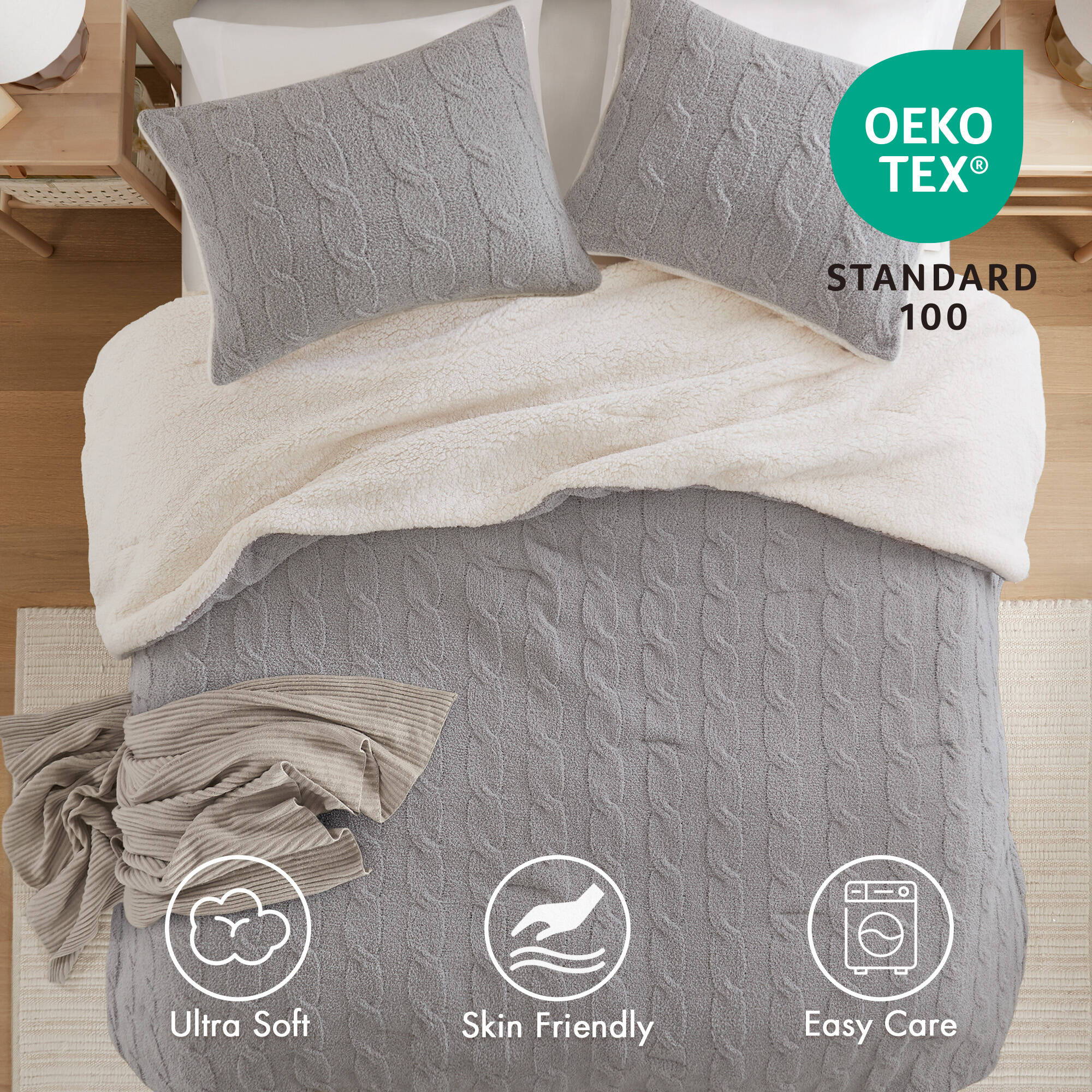 Riordan - Twin Cable Knit Comforter Set - Gray
