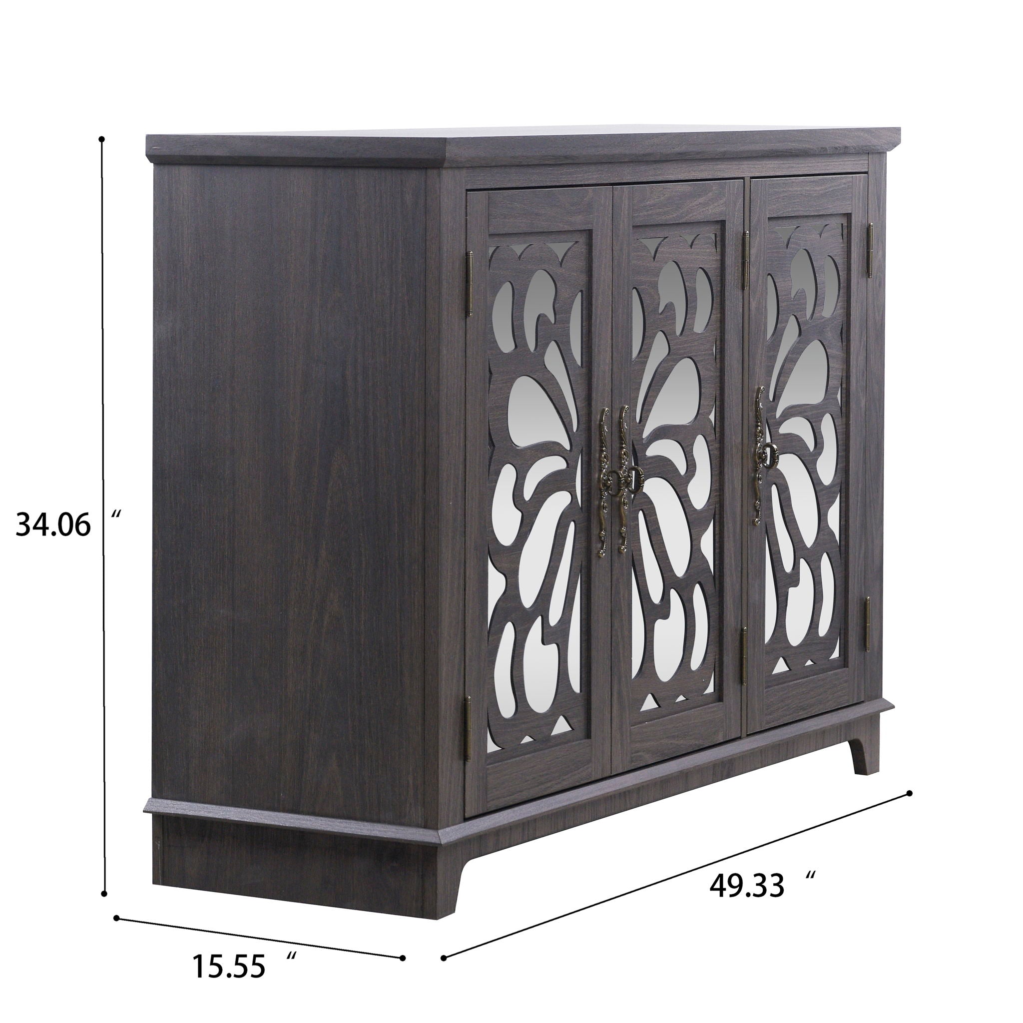 Spacious Countertop Sideboard With 3 Mirrored Doors, Adjustable Shelves - Dark Brown