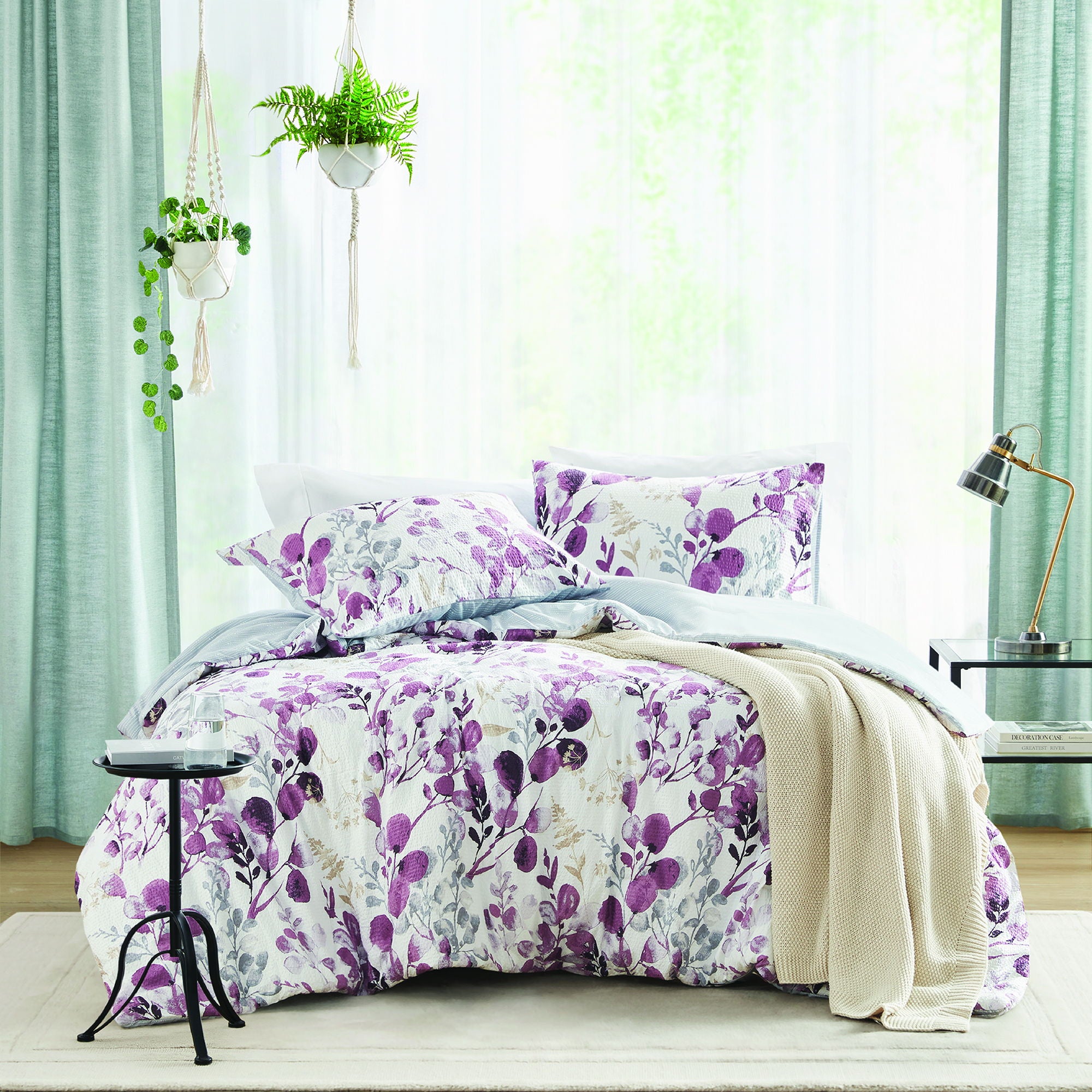 Gabby - King/California King Reversible Floral Botanical Seersucker Comforter Set - Plum/Gray