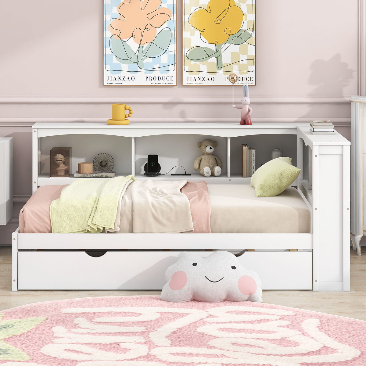 Twin Size Daybed With Trundle, Storage Cabinets, USB Ports - White