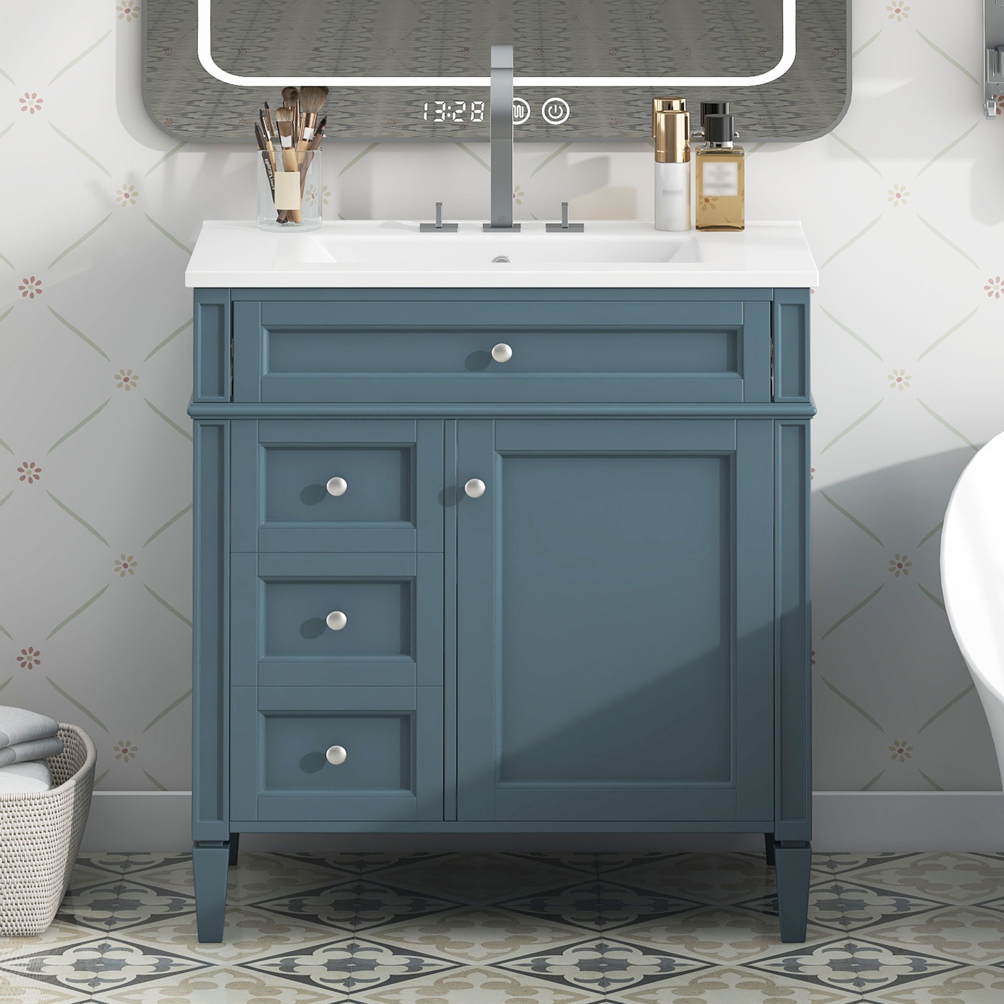 Bathroom Vanity With Top Sink, Storage Cabinet With 2 Drawers And Tip Out Drawer, Rectangular Design - Blue