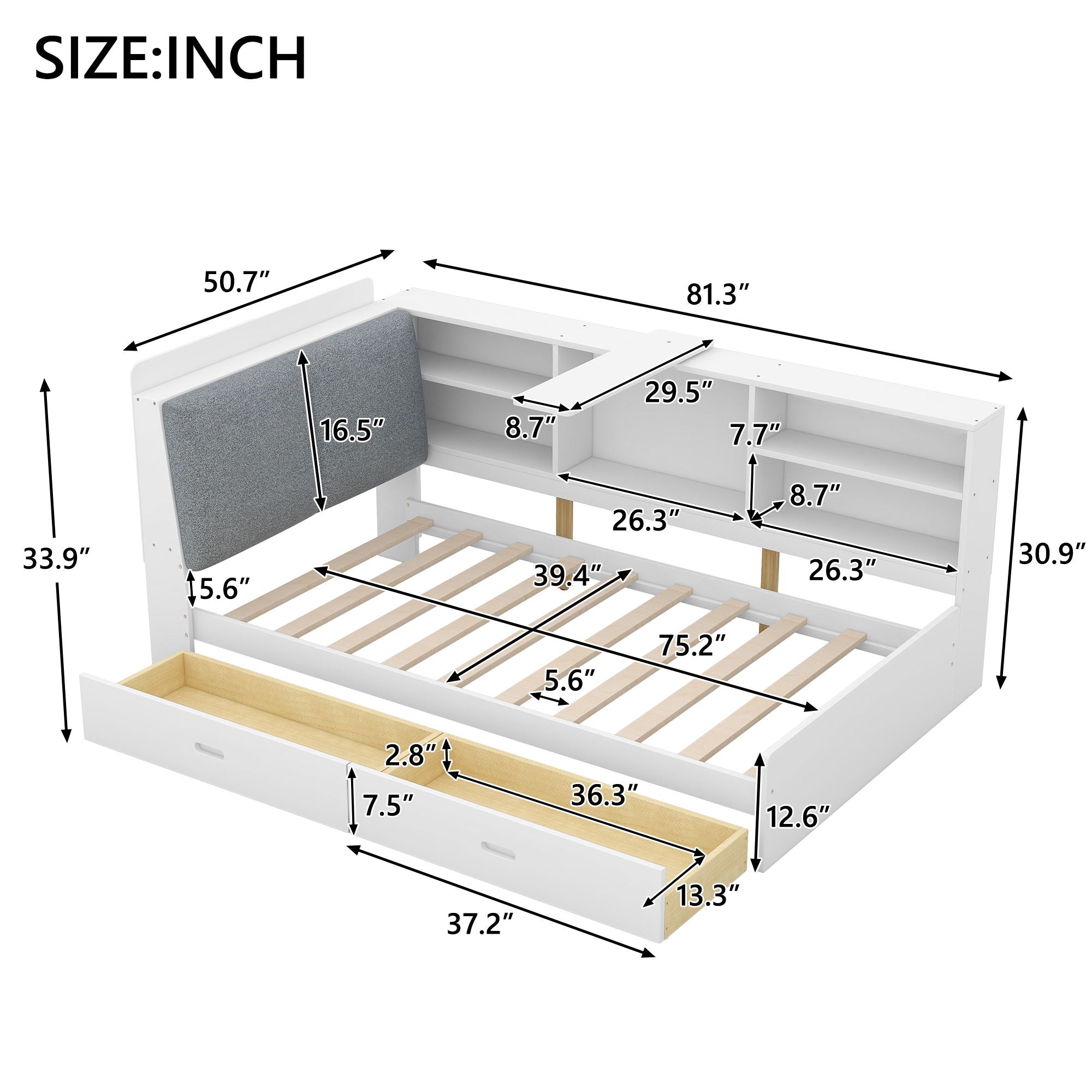 Platform Bed With Storage Headboard, Shelves And 2 Drawers