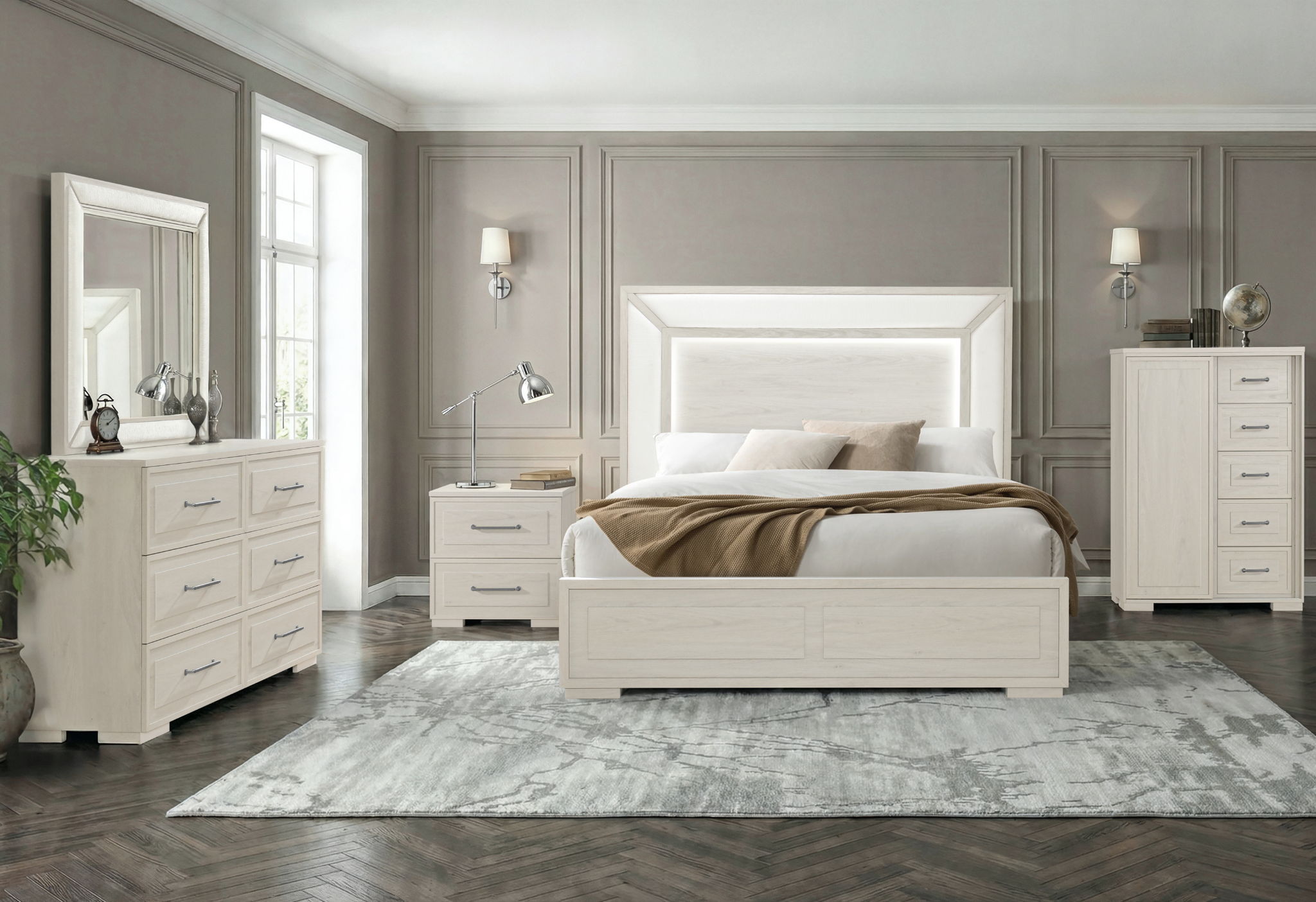 Clara - 5 Piece Full Bedroom Set (Bed, Dresser & Mirror, Nightstand, Chest) - Beige