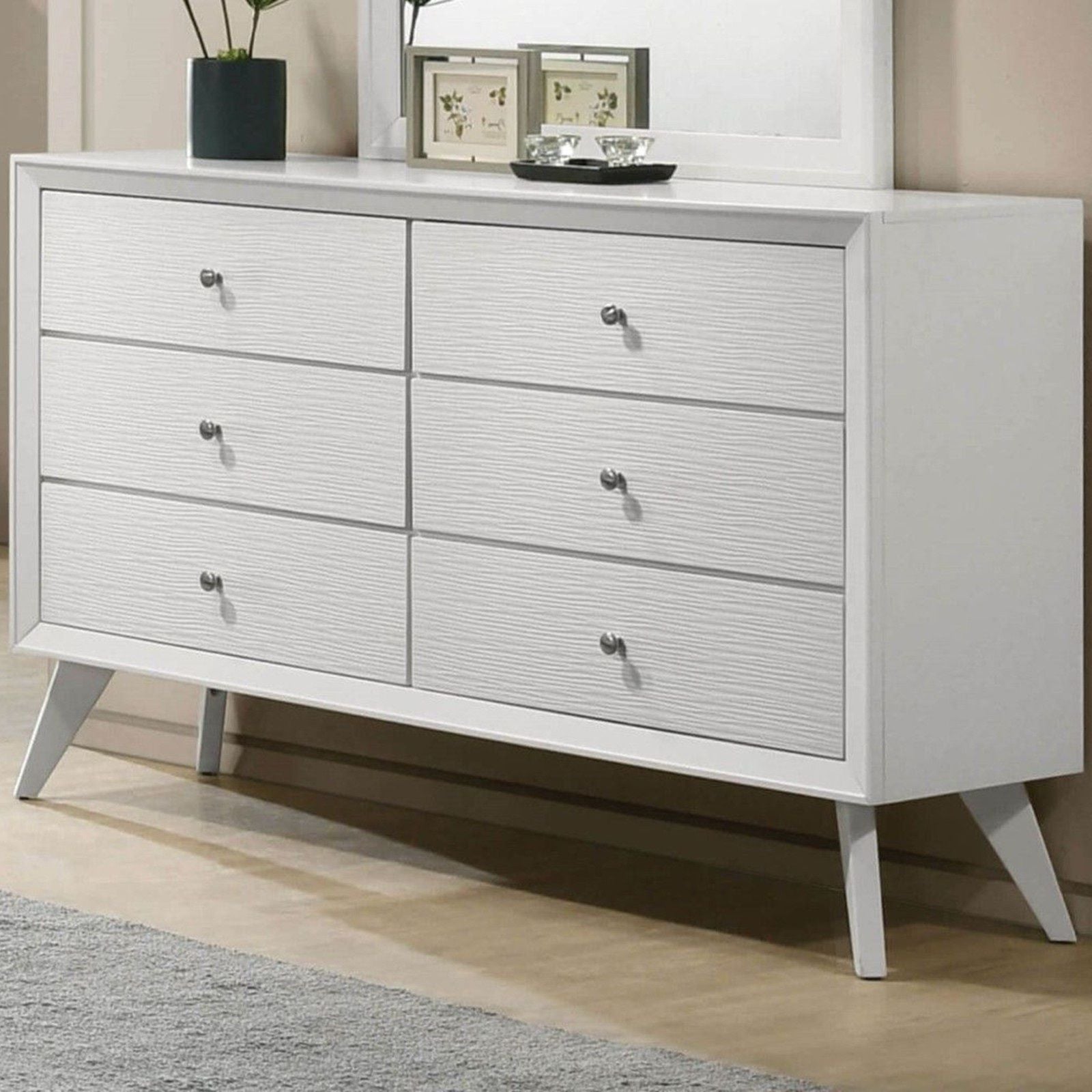 Dresser With Mirror, Angled Legs, Round Knobs - White