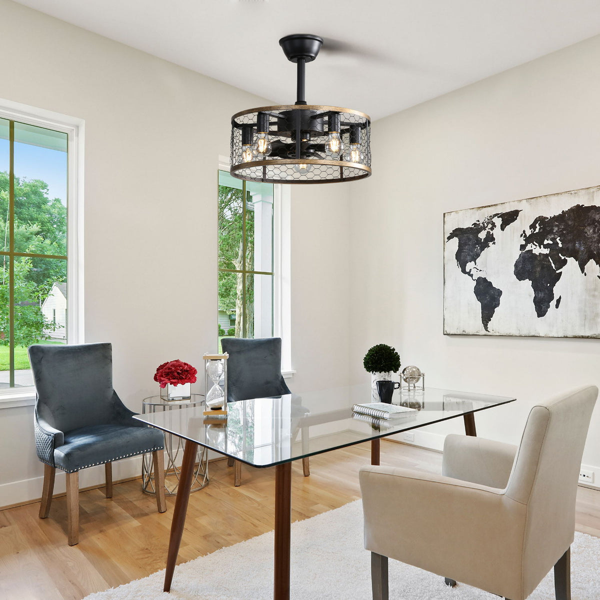 Industrial Caged Ceiling Fan With 7-Abs Blades Remote Control, Small Ceiling Fan Reversible Dc Motor With Etl Certificate - Black / Gold