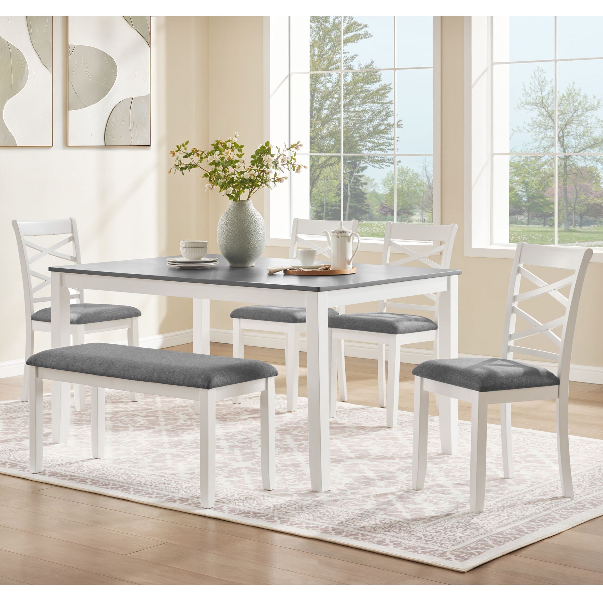 Elegant 6 Piece Dining Table Set With 4 Chairs And Bench