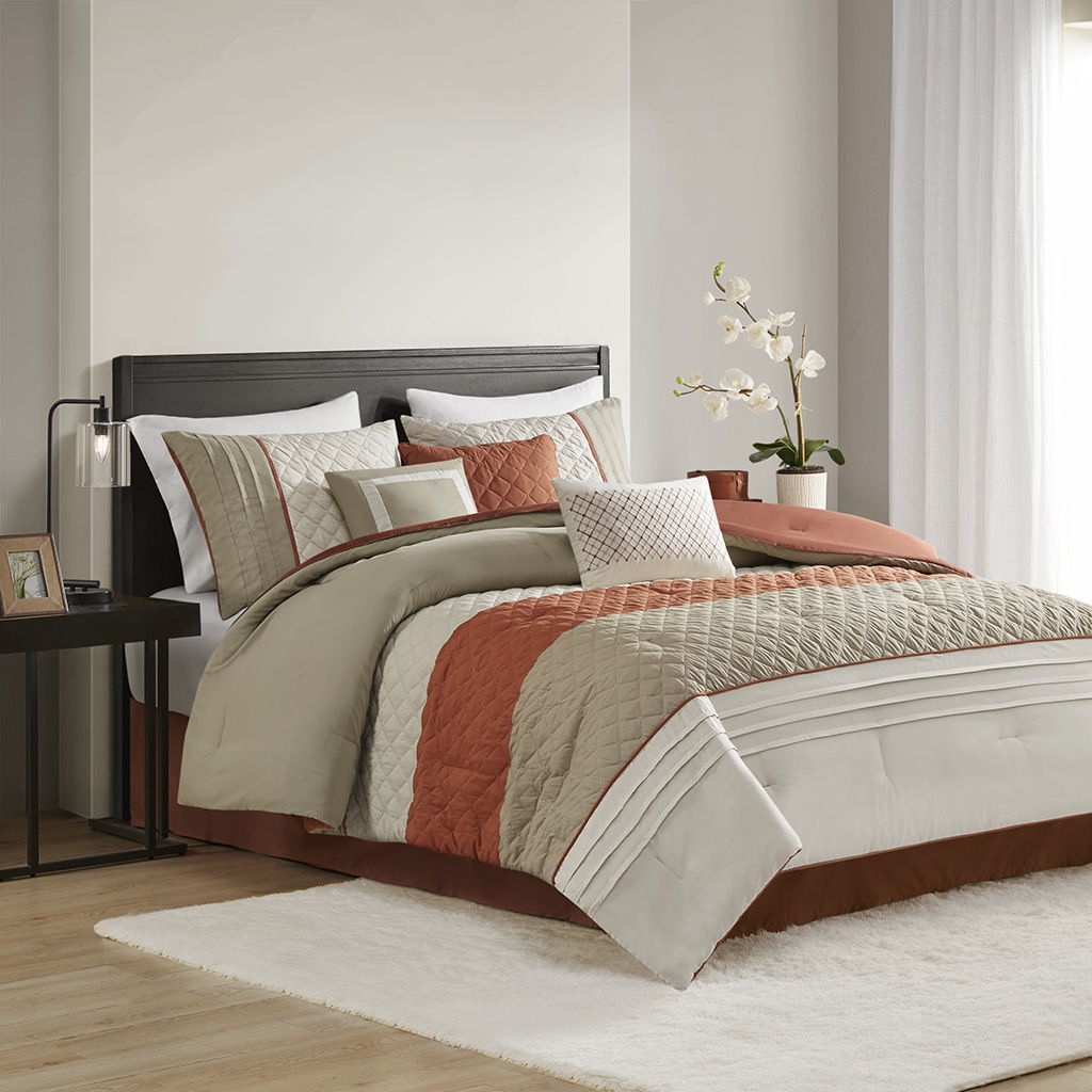 Greer - 7 Piece Color Block Stripe Comforter Set With Throw Pillows - Spice