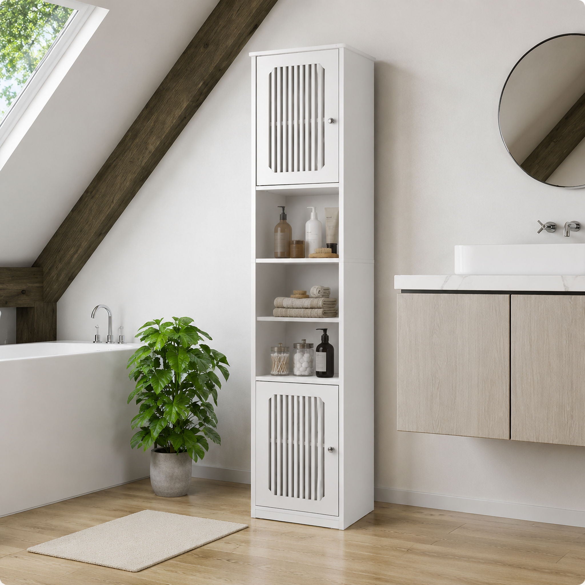 Tall Bathroom Cabinet With Adjustable Shelves, Louvered Door Floor Standing Storage Unit - White