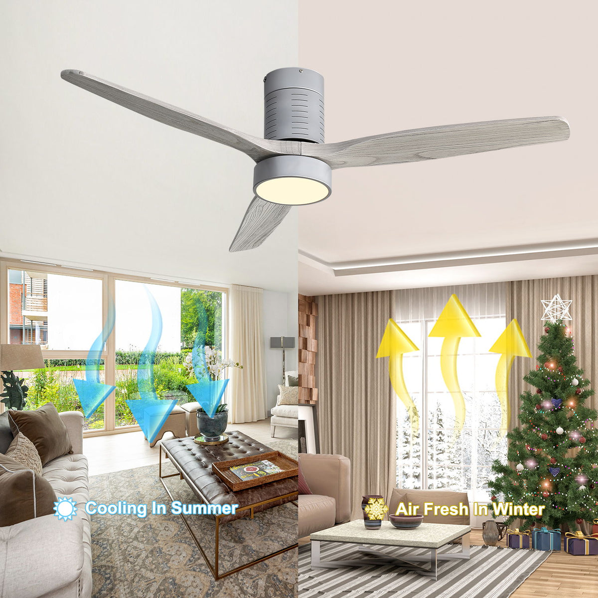 52" 18W LED Ceiling Fan With Dimmable 6 Speed Remote 3 Blade Reversible DC Motor For Living Room - Silver