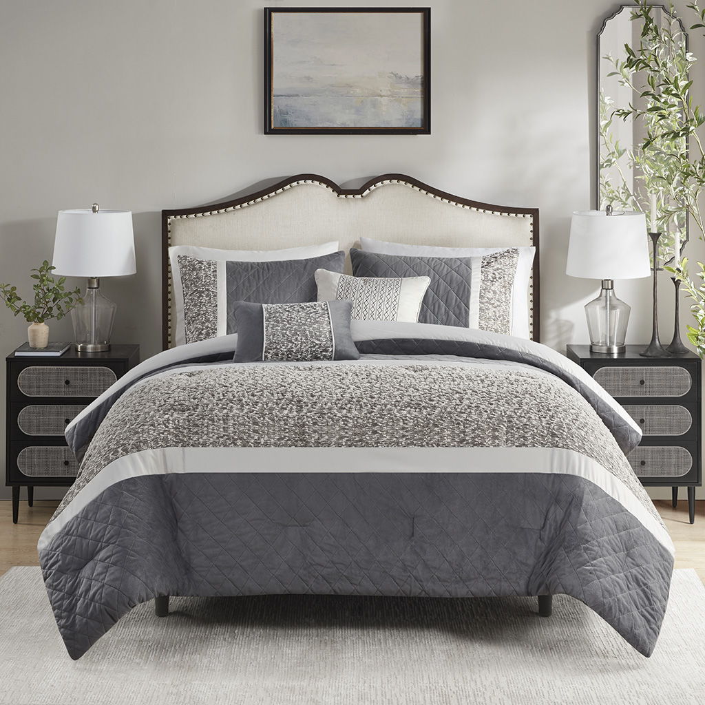 Amelia - 5 Piece Jacquard Stripe Comforter Set With Throw Pillows - Gray