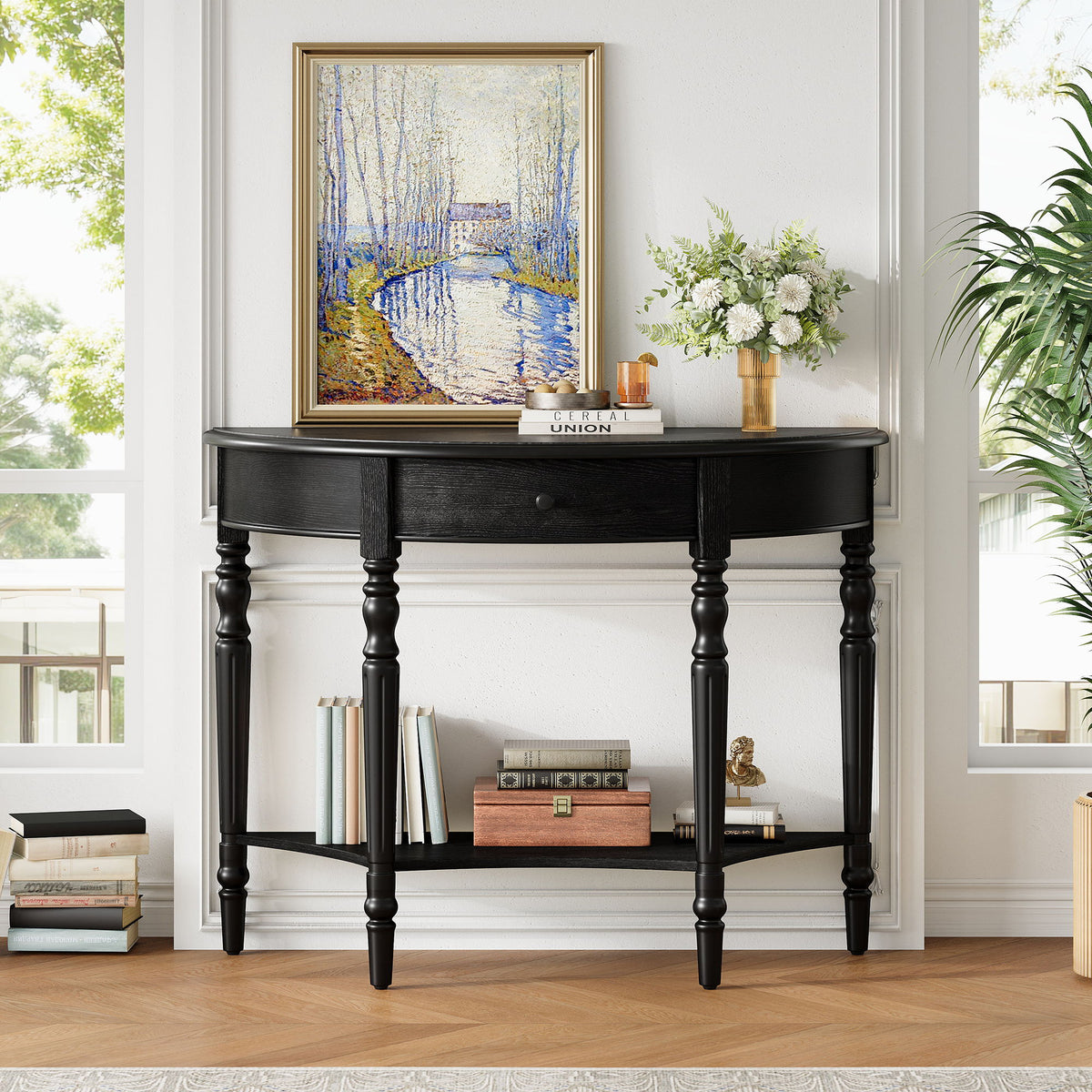 Half Moon Console Table With Drawer & Shelf
