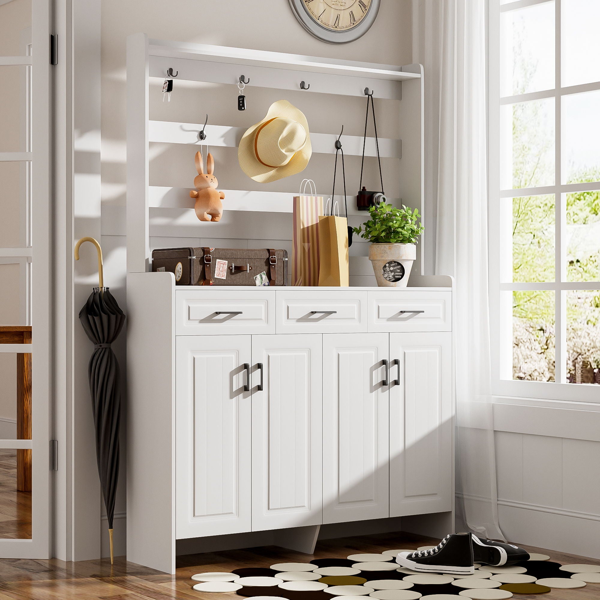 Minimalist 4 Door Shoe Cabinet With Coat Rack, 3 Drawers, 8 Shelves, Metal Hooks And Handles