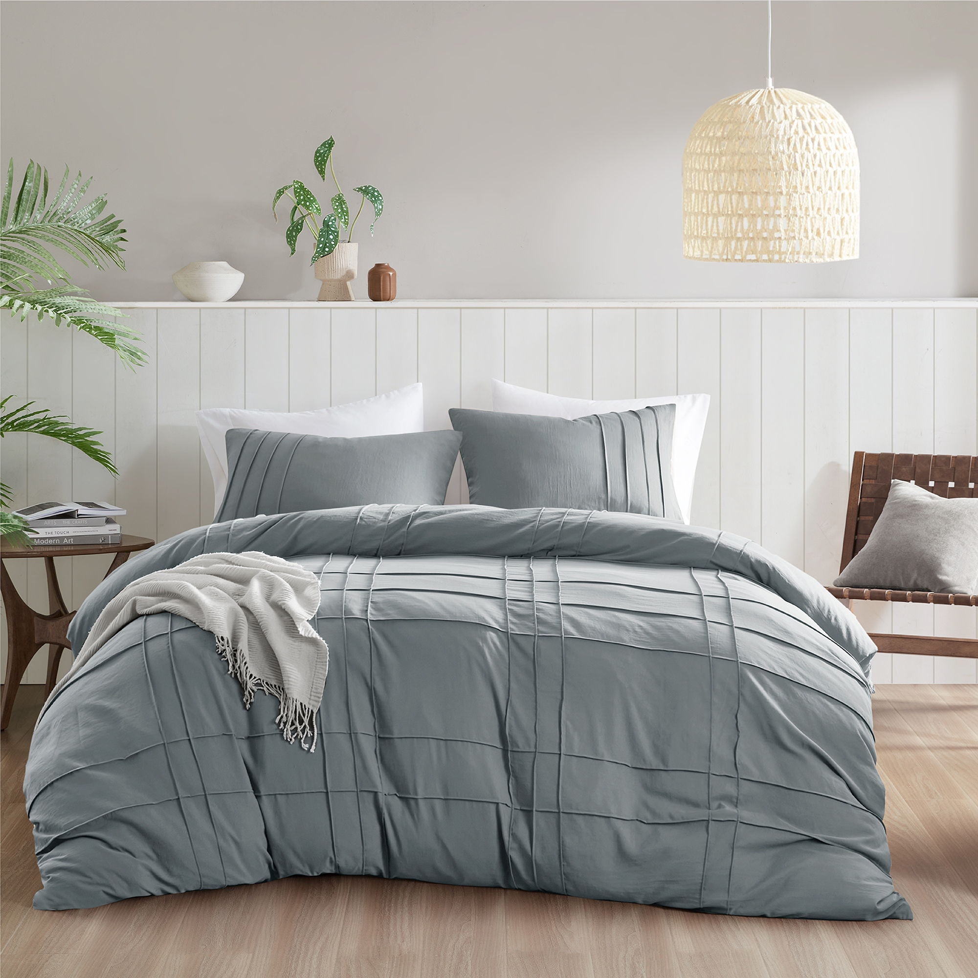 Porter - Full Soft Washed Pleated Duvet Cover Set - Blue / Gray